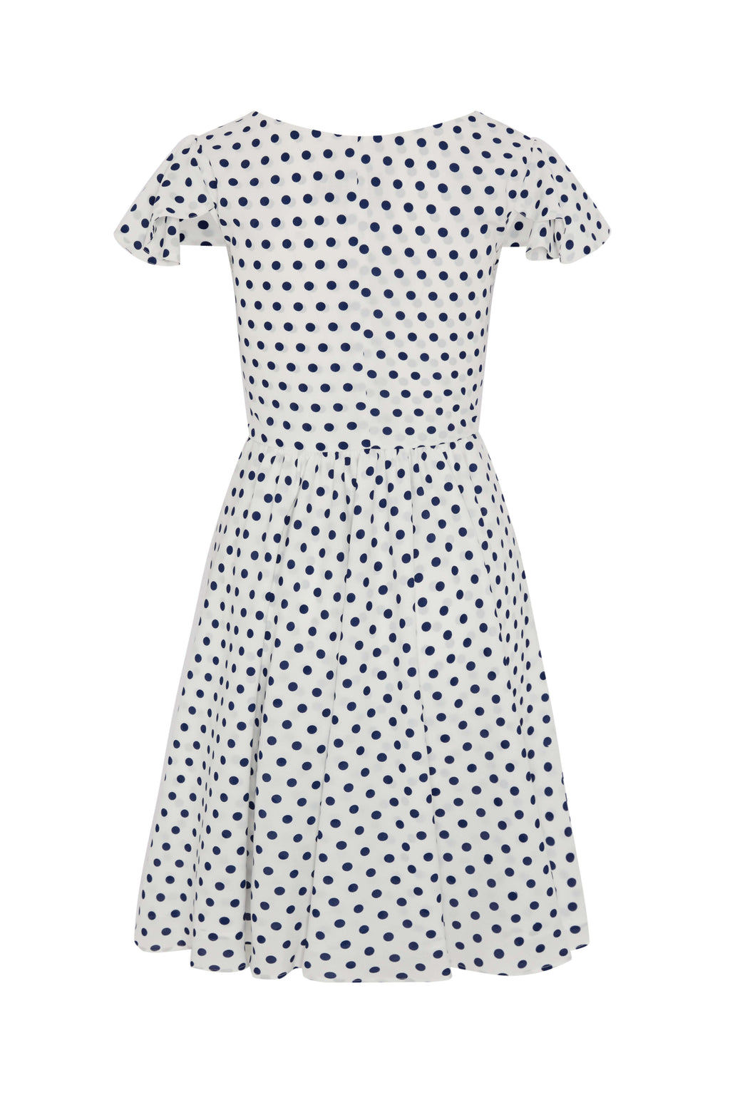 Navy & White Polka Dot Fit and Flare Dress with Flared Cap Sleeves - Crepe de Chine 