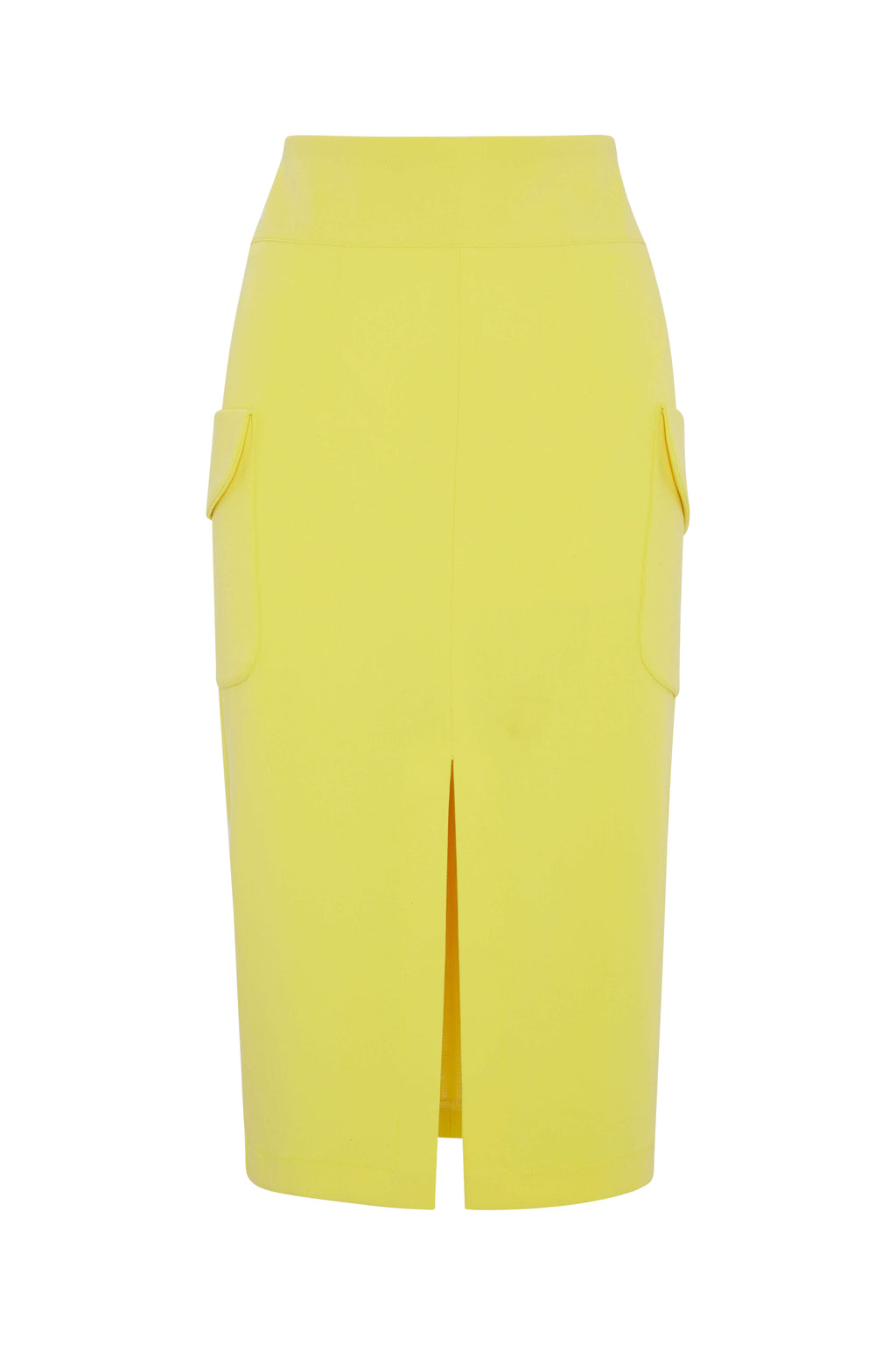 Tailored Yellow Midi Pencil Skirt – Front Slit & Statement Side Patch Pockets (Lined)