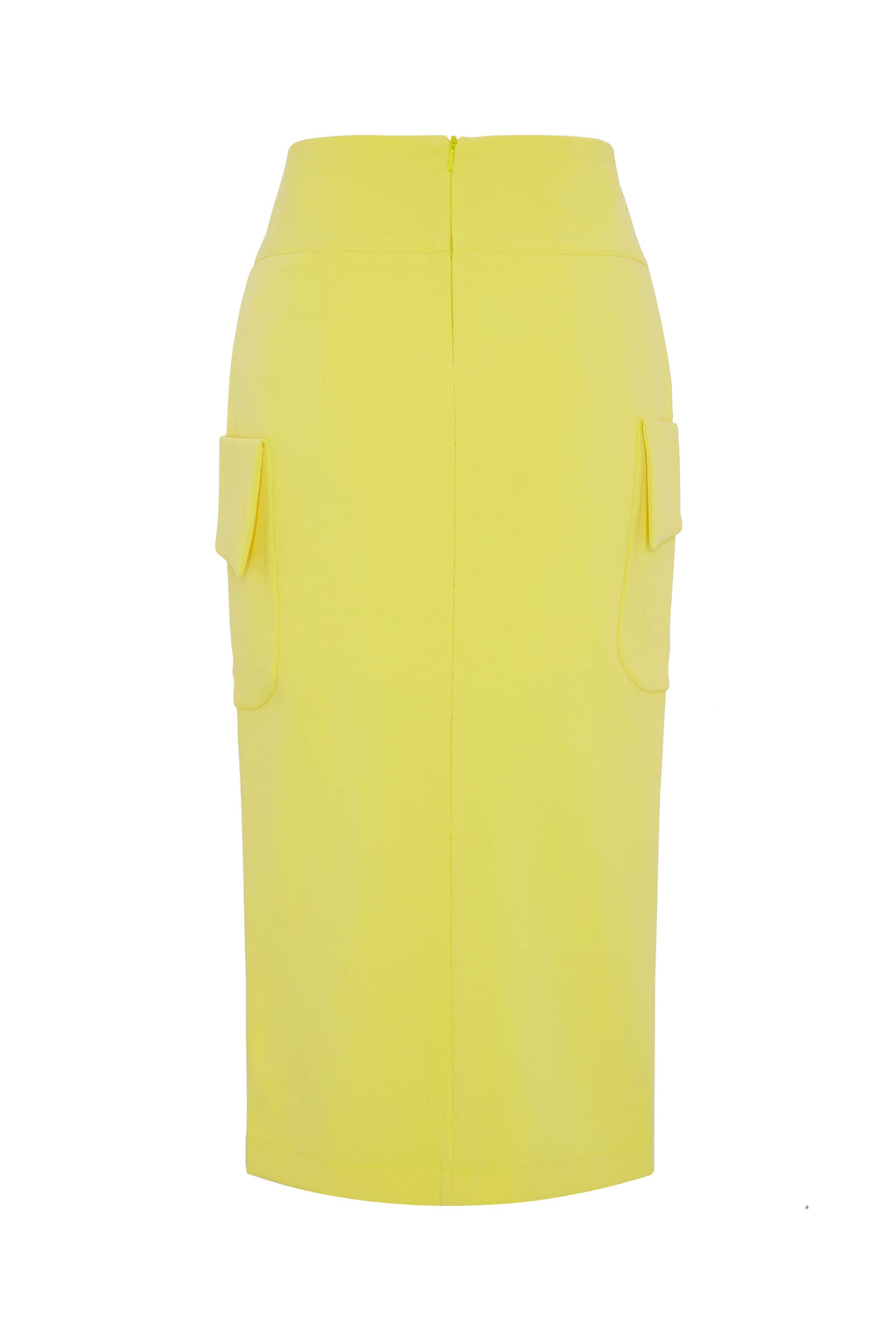 Tailored Yellow Midi Pencil Skirt – Front Slit & Statement Side Patch Pockets (Lined)