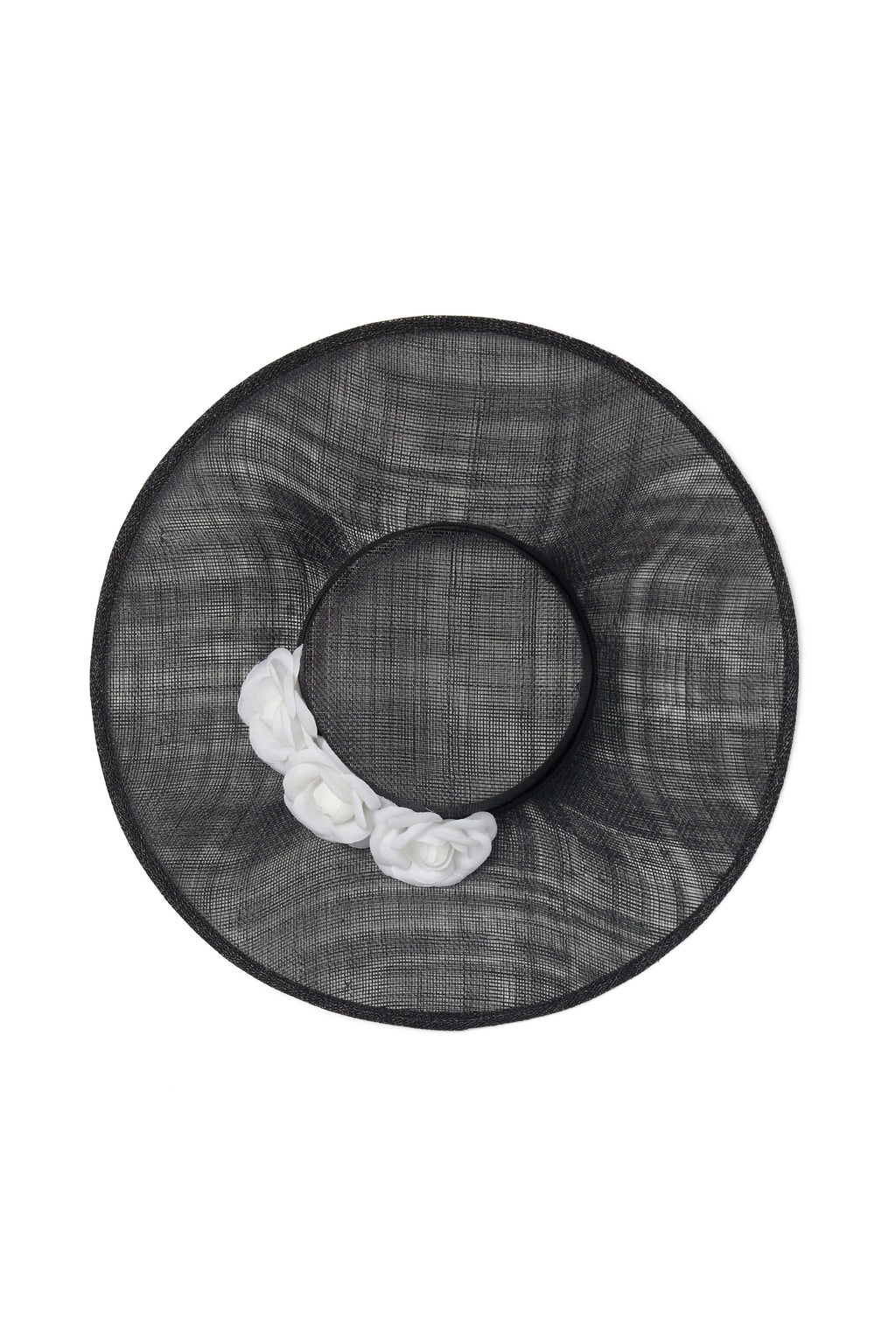 Wide Brim Flat Top Sinamay Boater Hat with White Camellia Rose Flowers and Fitted Elastic