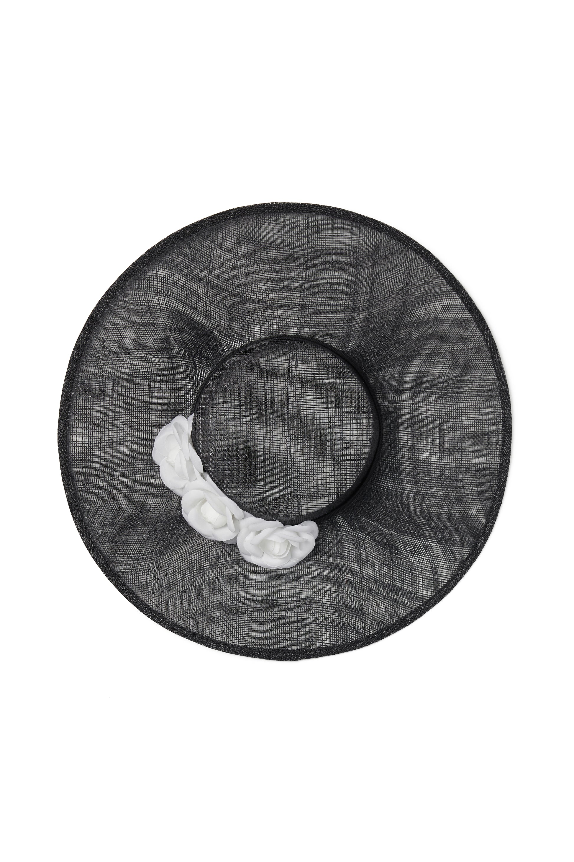 Wide Brim Flat Top Sinamay Boater Hat with White Camellia Rose Flowers and Fitted Elastic