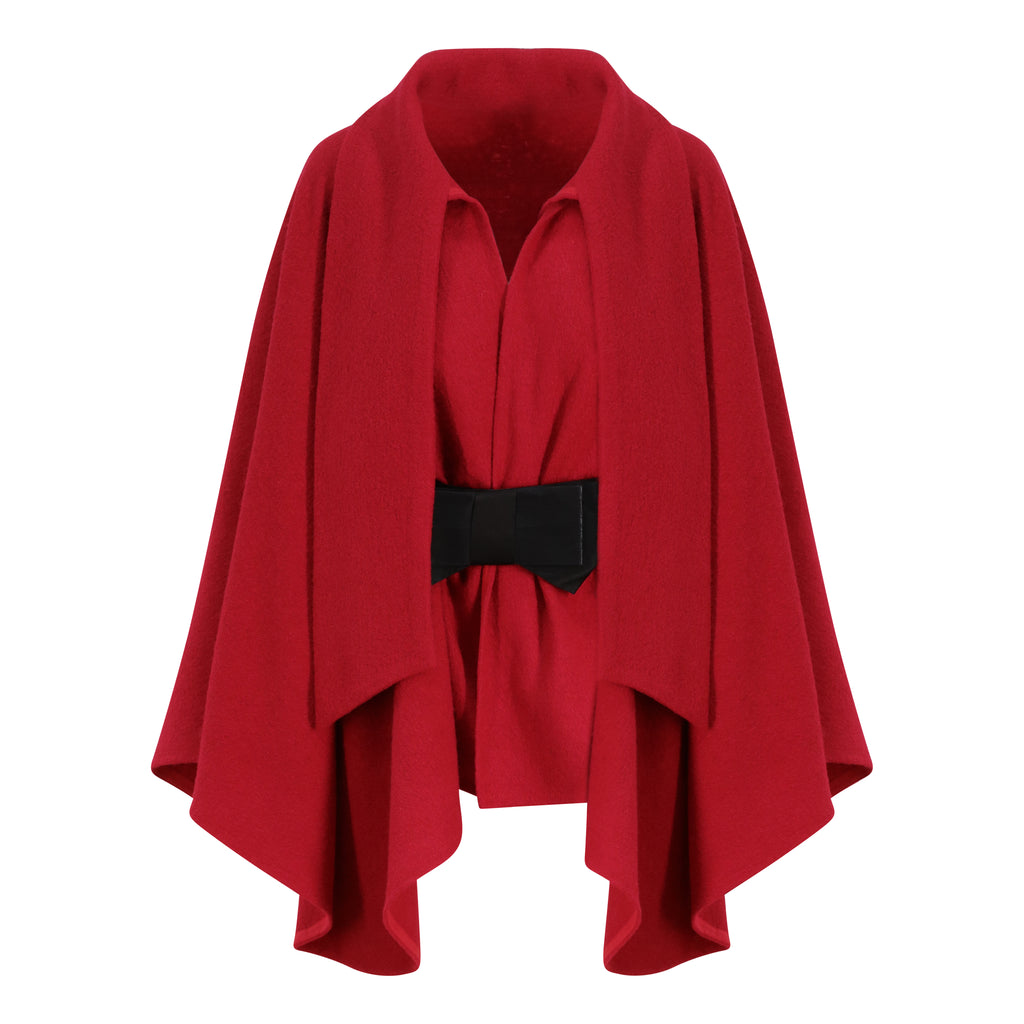 Wool Cape Coat With Elastic Bow Belt in Red