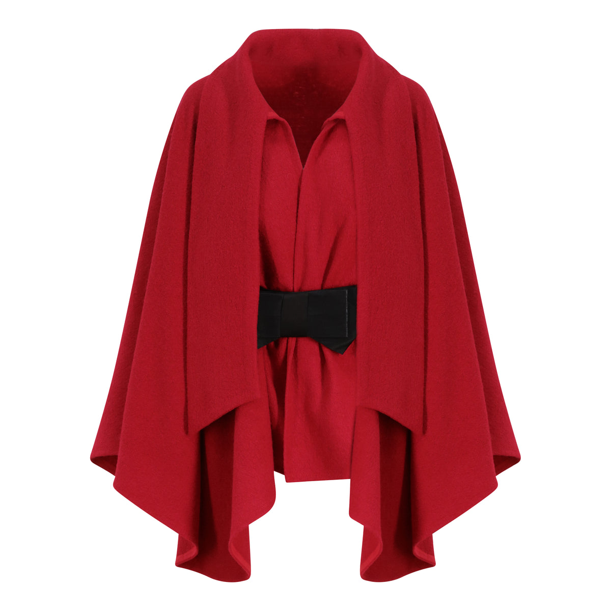 Wool Cape Coat With Elastic Bow Belt in Red