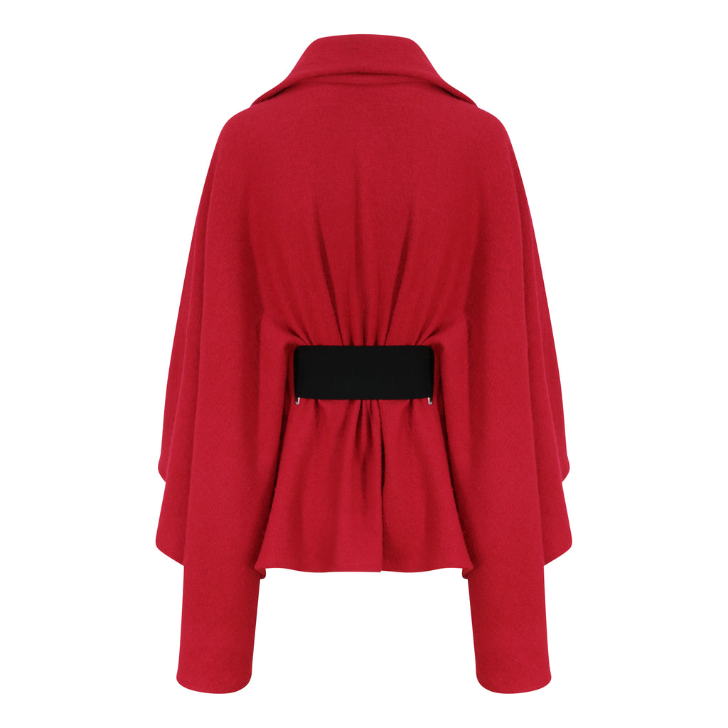 Wool Cape Coat With Elastic Bow Belt in Red