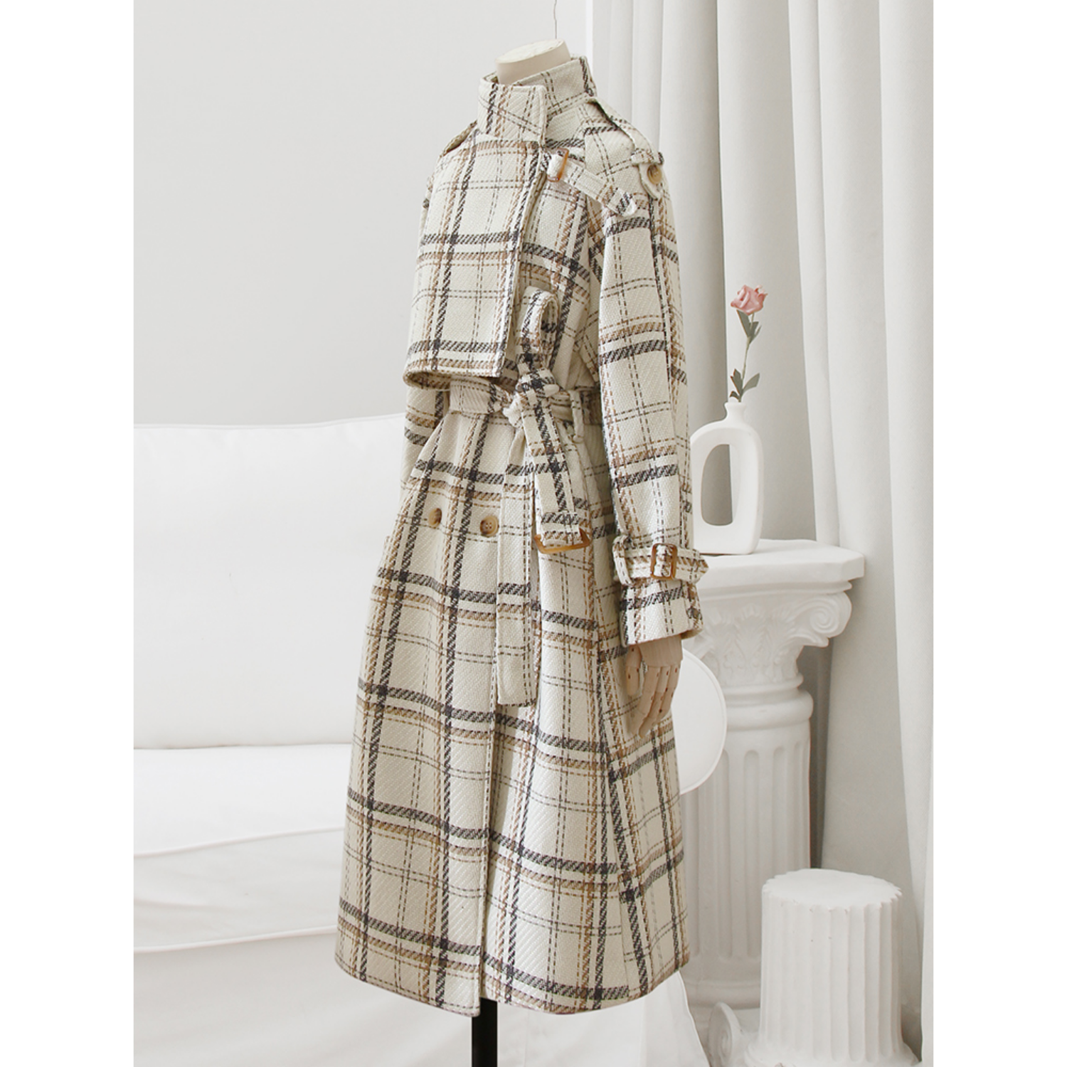 Checked Oversized Belted Coat - Beige