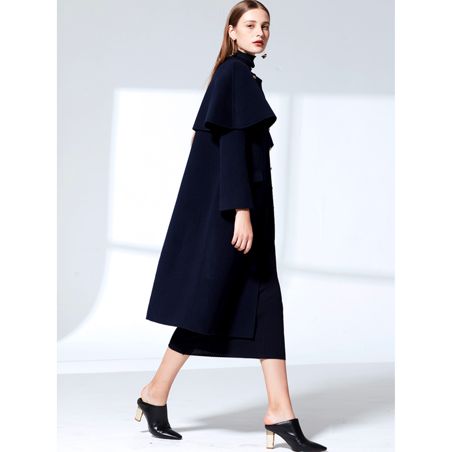 Zalinah White Military Style Long Coat With Removable Cape - Navy