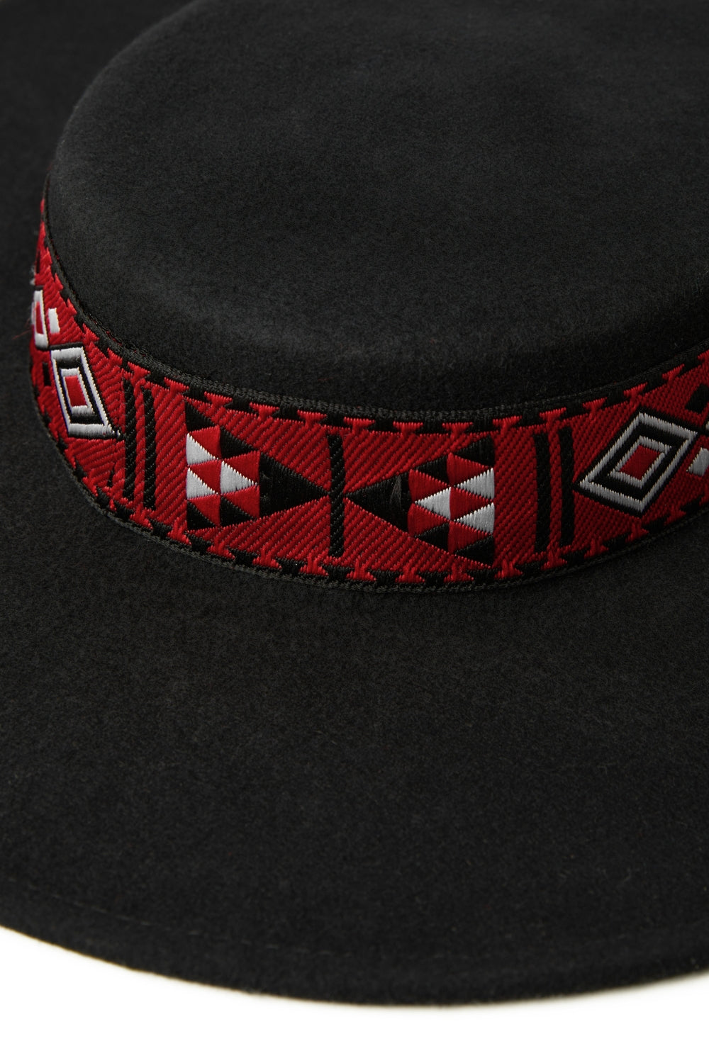 Wide Brim Flat Top Fedora Hat Wool with Armenian Ribbon - Black 