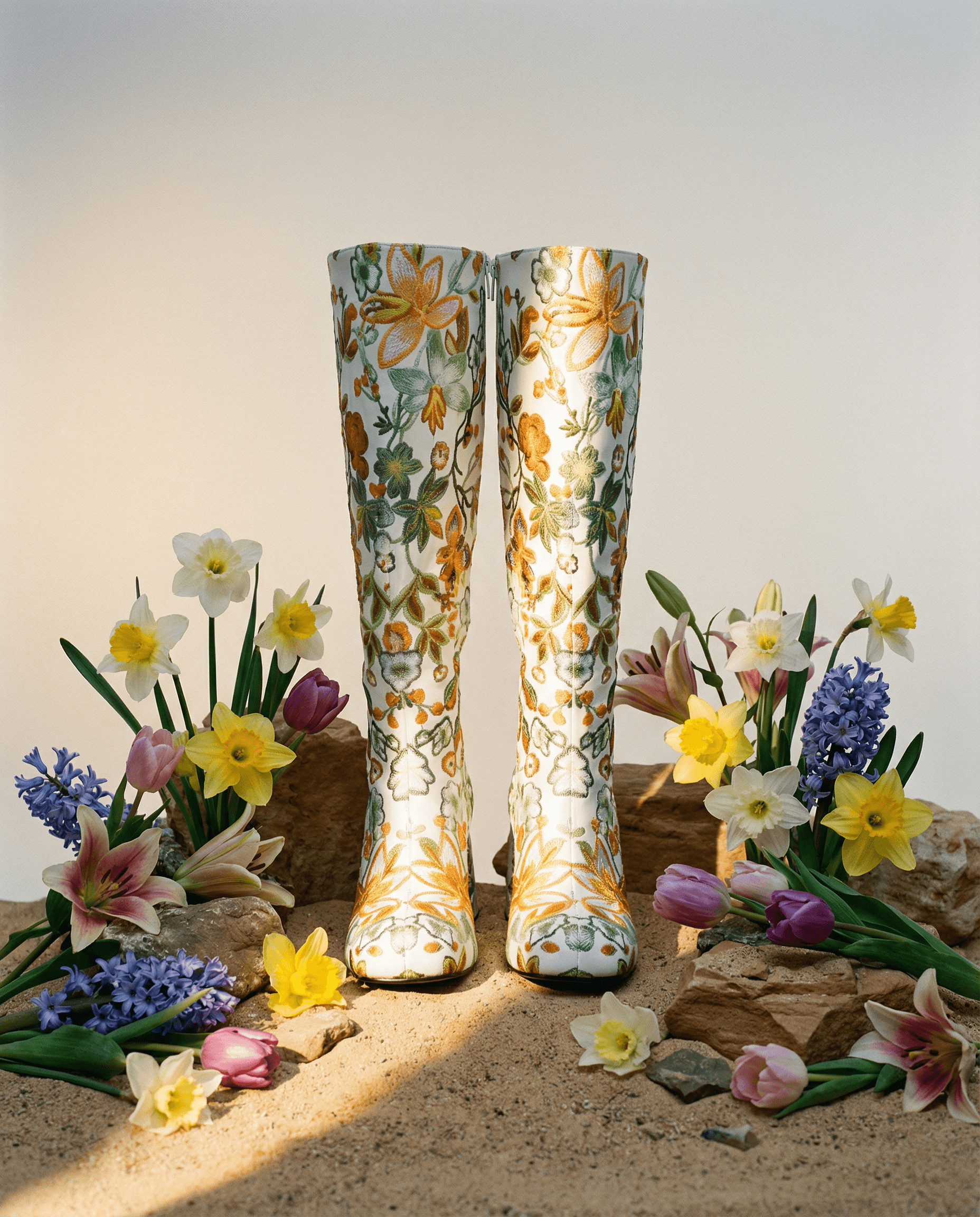 Floral Knee High Platform Boots with Block Heel