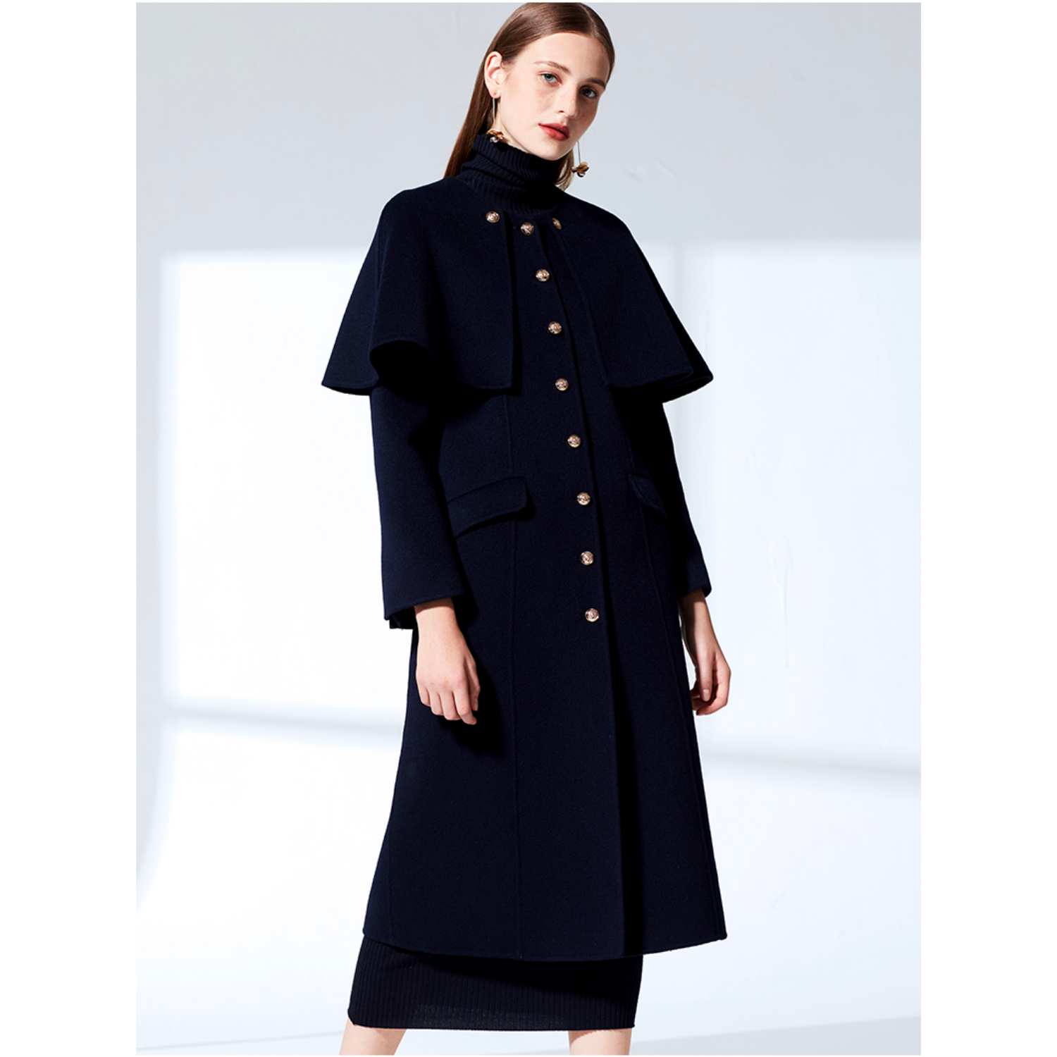 Zalinah White Military Style Long Coat With Removable Cape - Navy