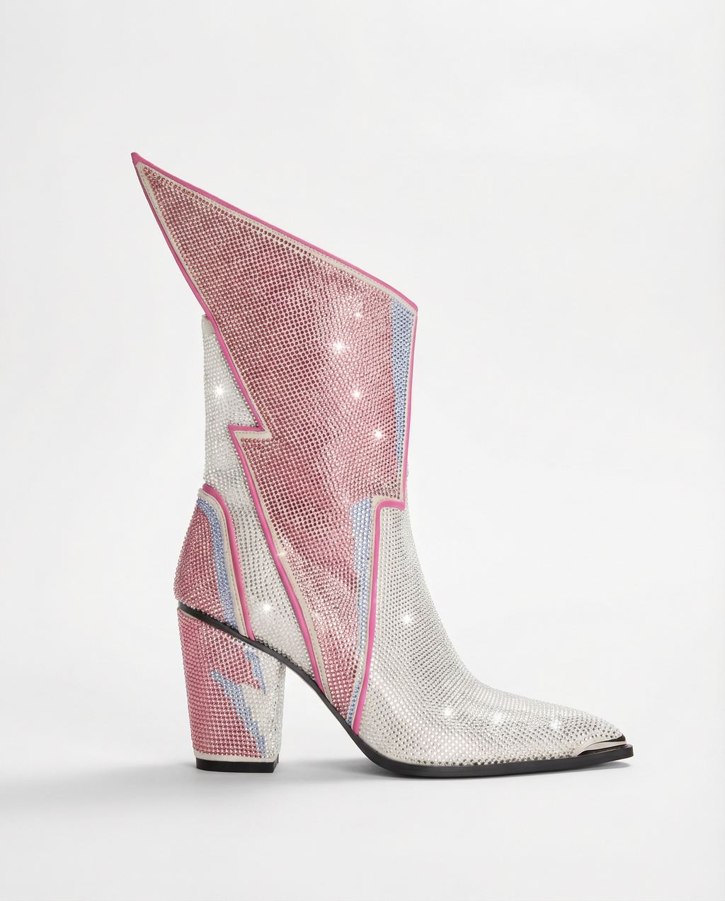 Lightning Bolt Crystal Ankle Boots in Pink & Silver | Glam Rock Statement Heels