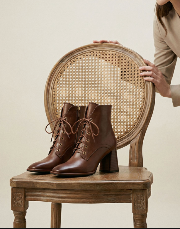 Lace-Up Leather Heeled Ankle Boots