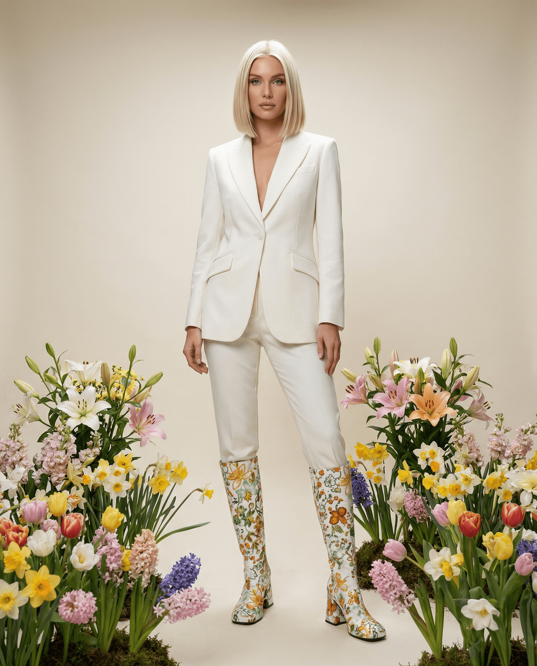 Floral Knee High Platform Boots with Block Heel