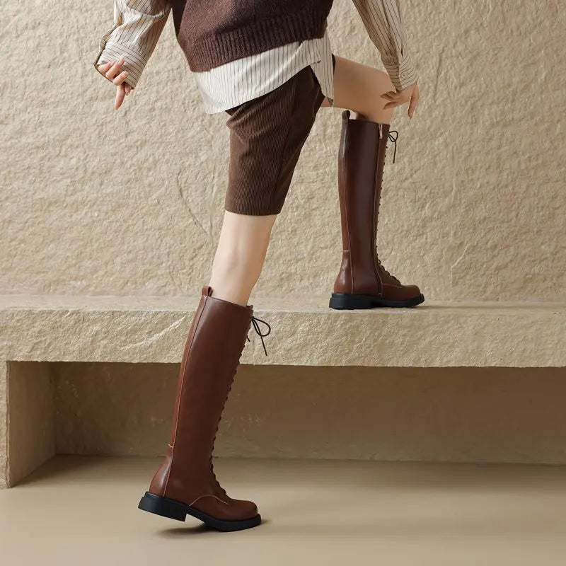 Square Toebox Knee High Riding Leather Lace Up Boots Brown with Blac Zalinah White London