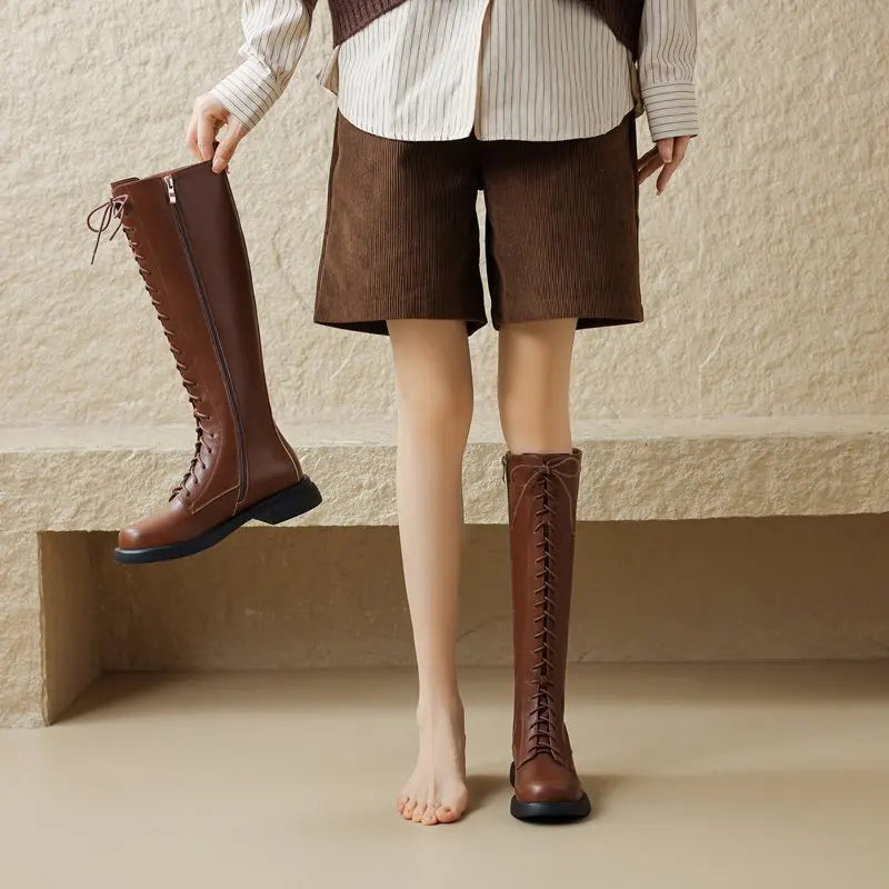 Square Toebox Knee High Riding Leather Lace Up Boots - Brown with Black Sole