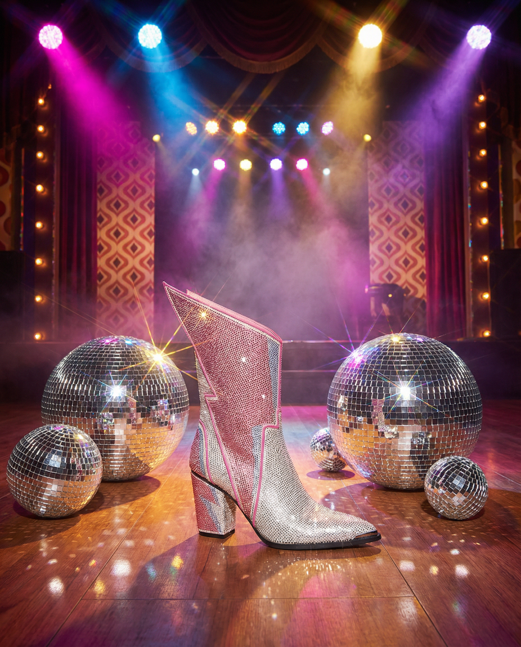 Lightning Bolt Crystal Ankle Boots in Pink & Silver | Glam Rock Statement Heels