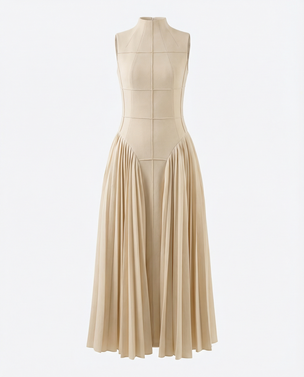Architectural Bodice Dress with Soft Pleated Skirt