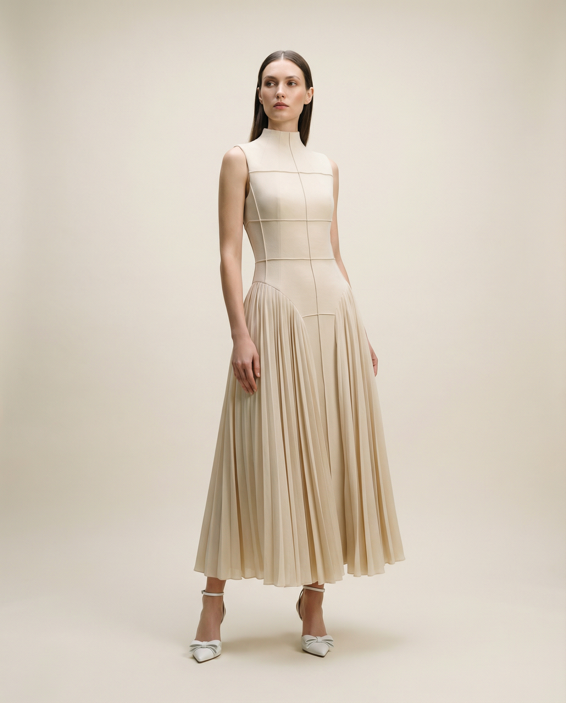 Ärmelloses Midikleid mit Rundhalsausschnitt und Faltenrock