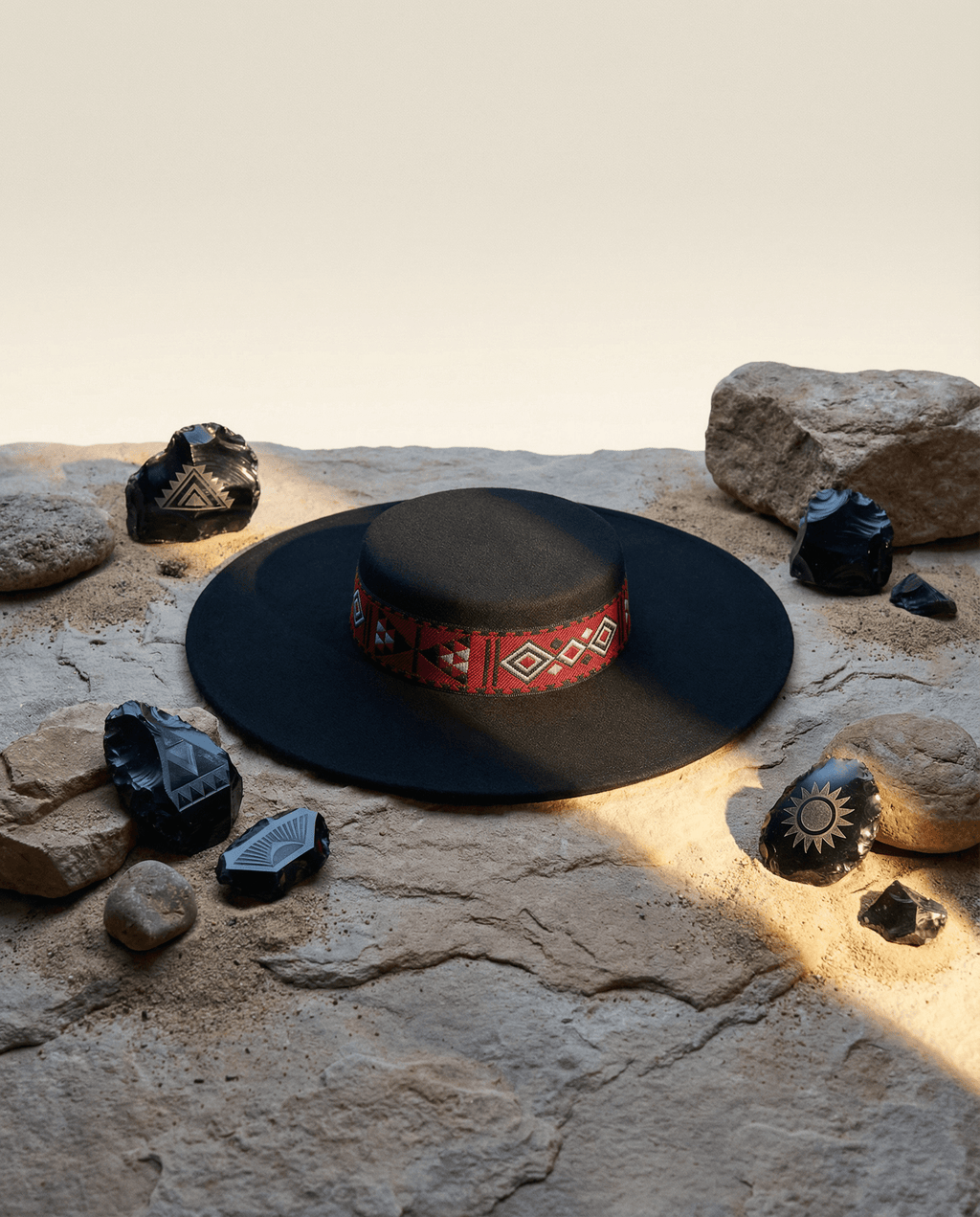 Black Canotier with Ethnic Trim