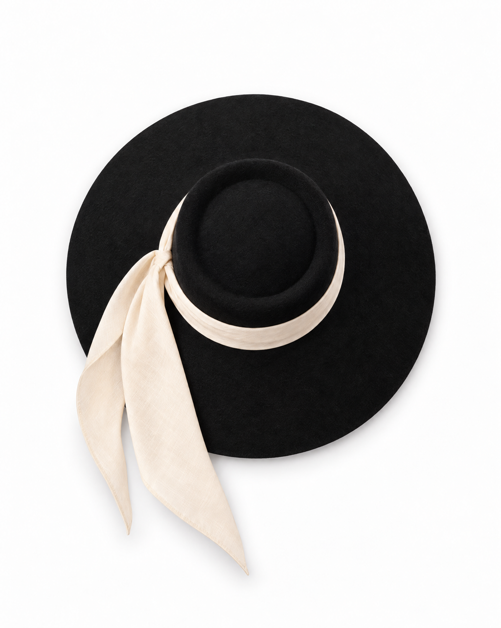 Audrey-Inspired Black Wide Brim Felt Hat with Removable Sash