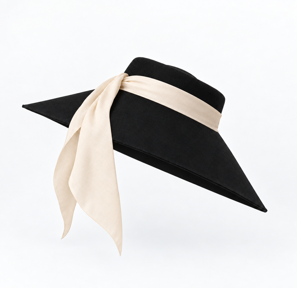 Audrey-Inspired Black Wide Brim Felt Hat with Removable Sash
