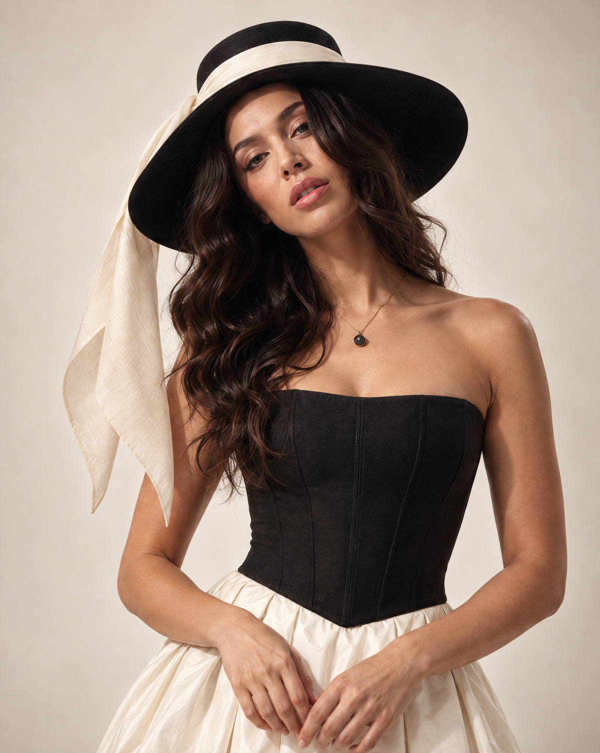Audrey-Inspired Black Wide Brim Felt Hat with Removable Sash