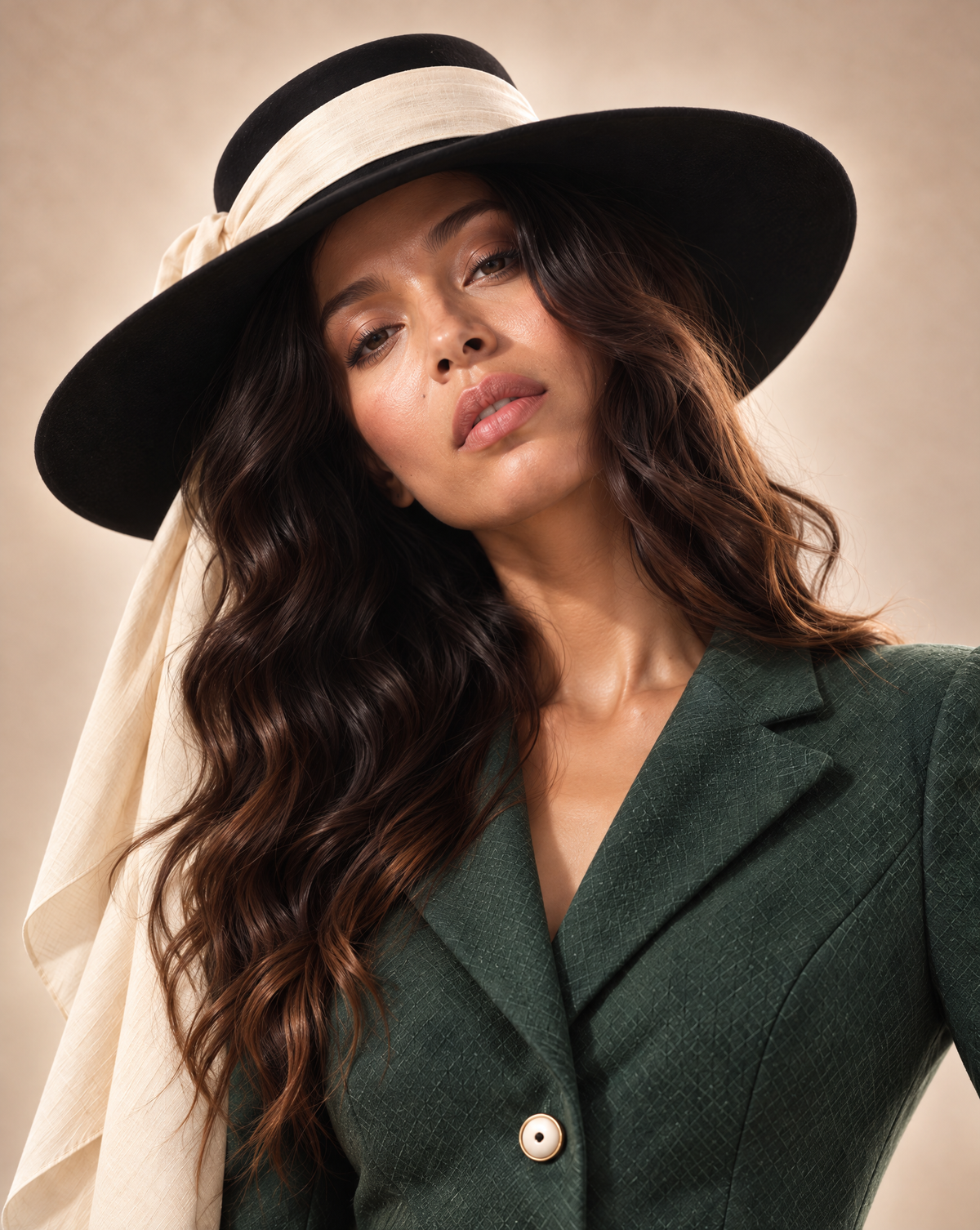 Audrey-Inspired Black Wide Brim Felt Hat with Removable Sash
