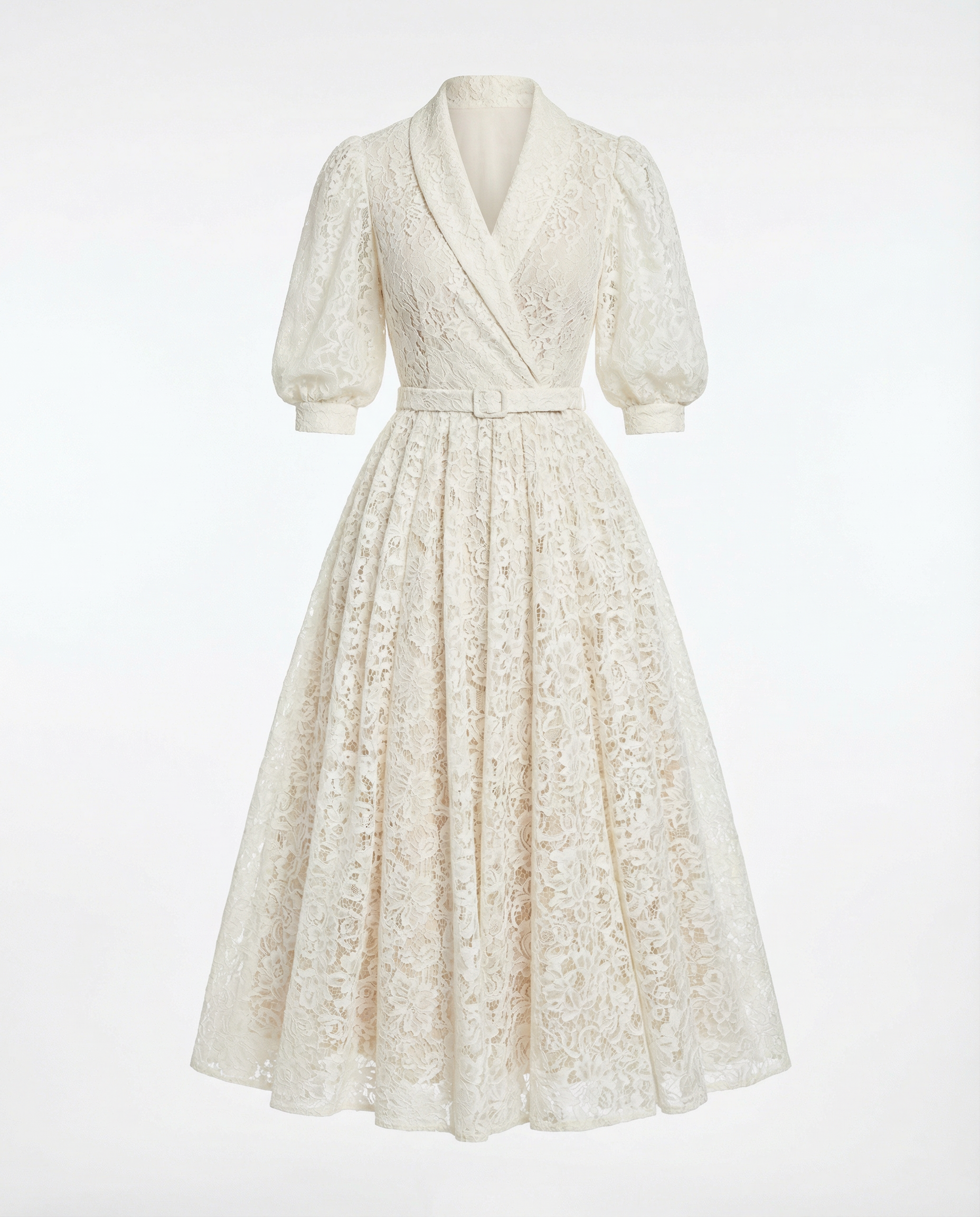 Ivory Lace Shawl-Collar Midi Dress with Belted Waist Zalinah White London Ivory Lace Shawl-Collar Midi Dress with Belted Waist Zalinah White London