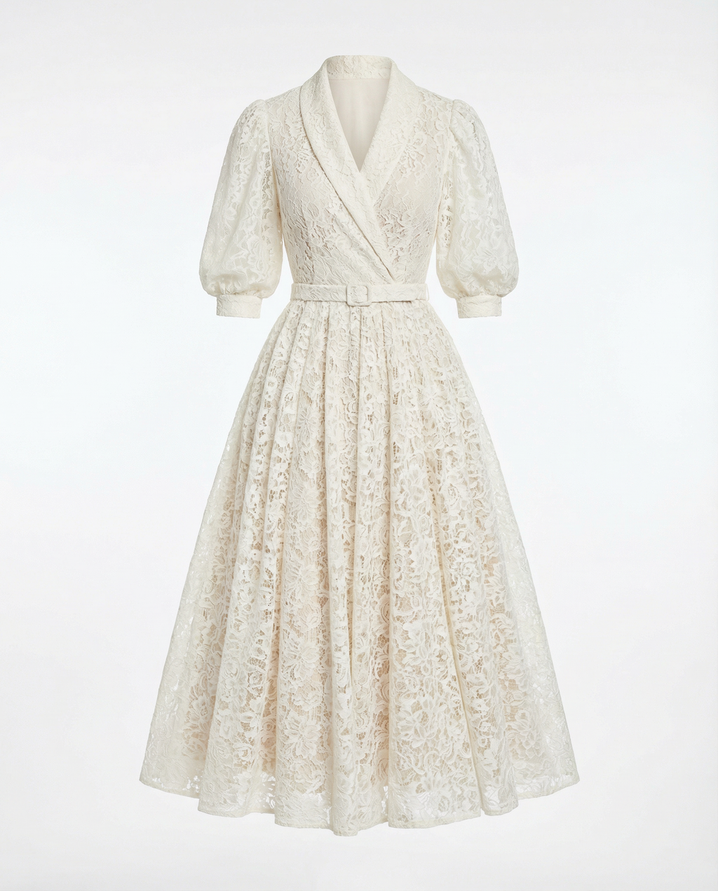 Ivory Lace Shawl-Collar Midi Dress with Belted Waist