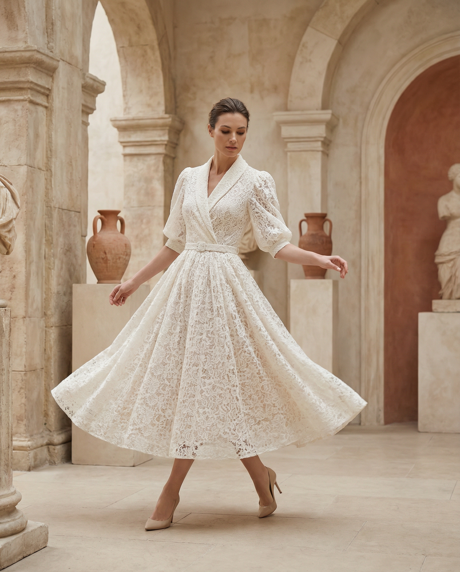 Ivory Lace Shawl-Collar Midi Dress with Belted Waist