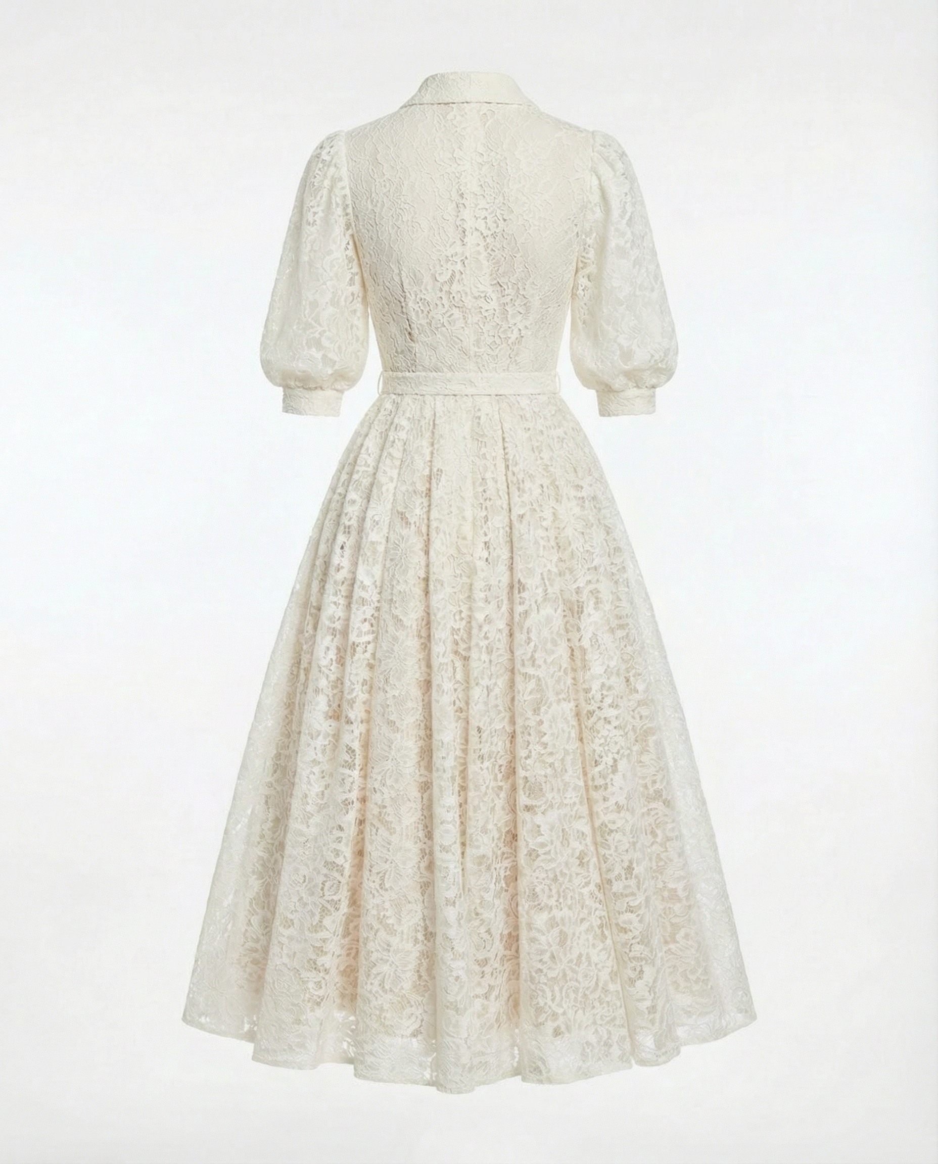 Ivory Lace Shawl-Collar Midi Dress with Belted Waist