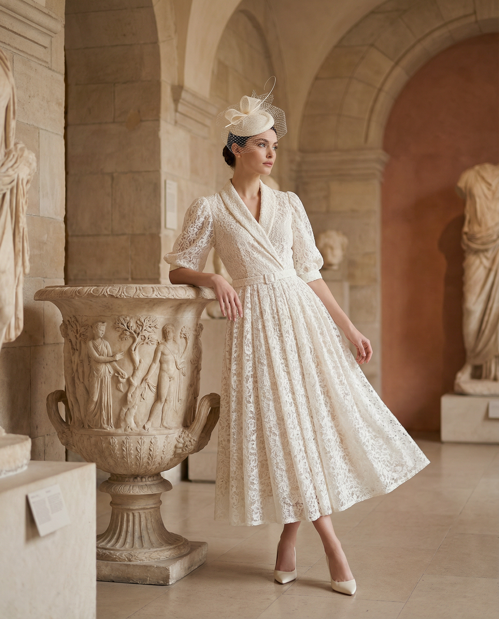 Ivory Lace Shawl-Collar Midi Dress with Belted Waist