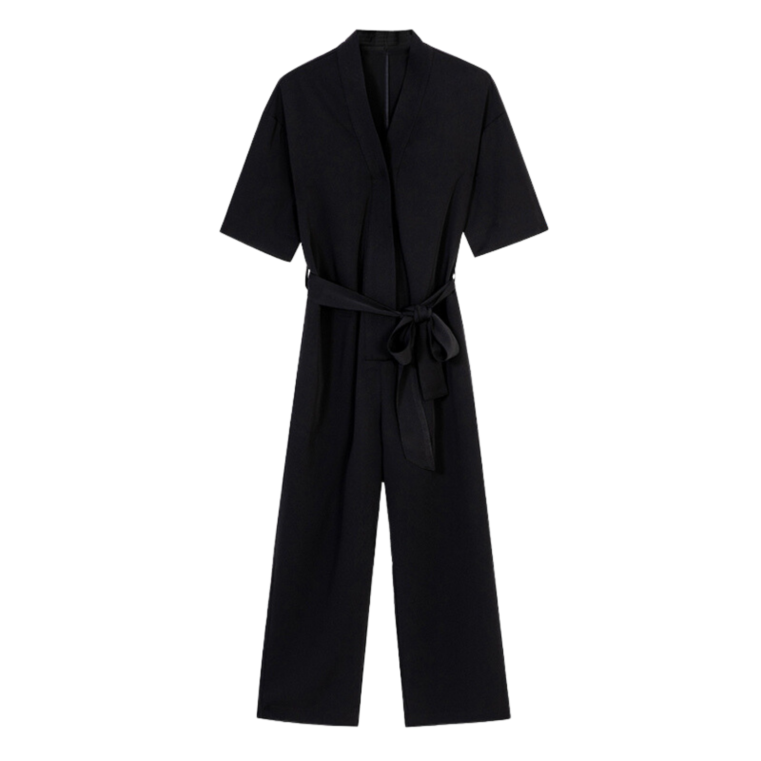Belted Short Sleeve Jumpsuit With Pockets - Black