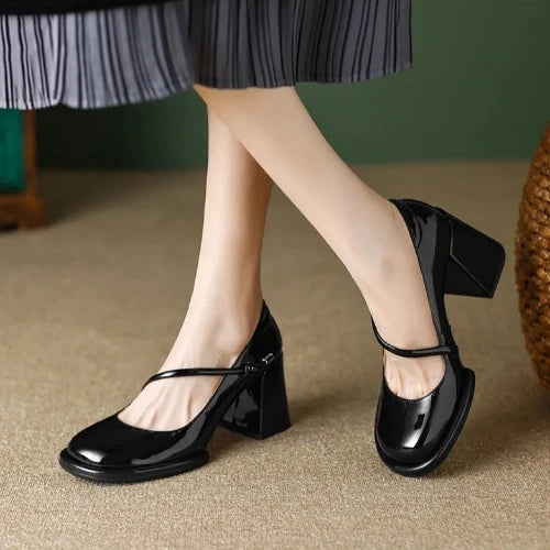 Black Vintage Square Toe Block Heel Mary Janes 