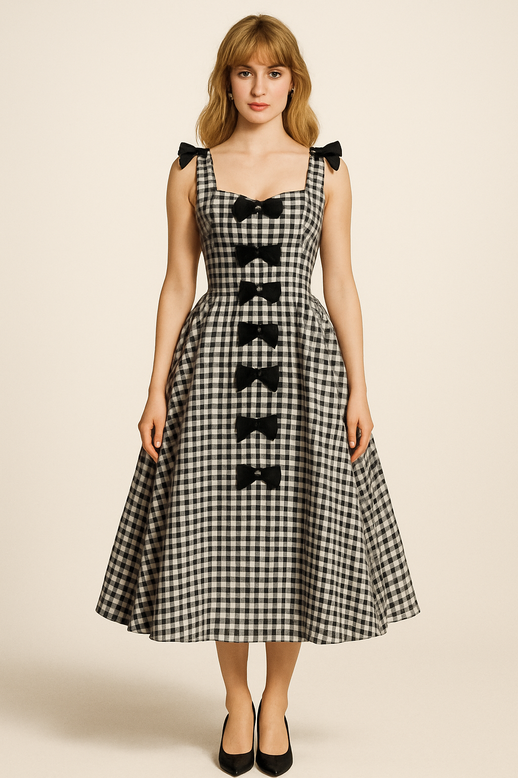 Woman wearing a black and white gingham tea-length dress with black bows, retro 1950s-inspired design, photographed in a studio
