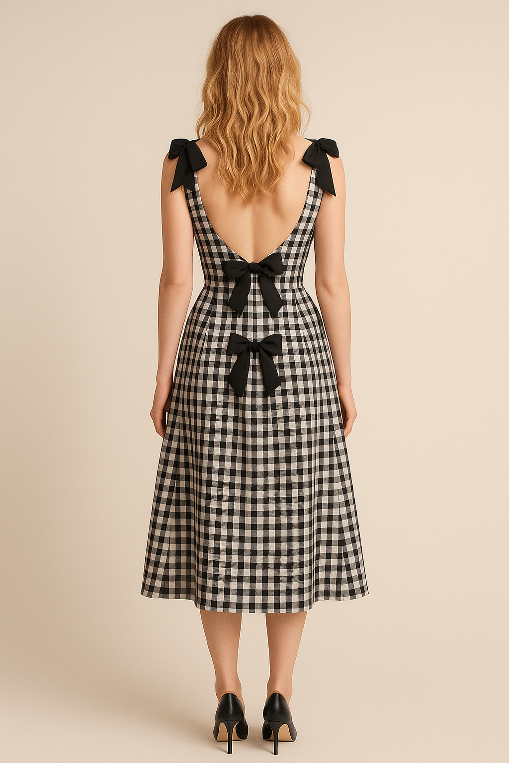 Back view of a tea-length gingham dress with fitted bodice and flared skirt, featuring delicate black bows and a modest retro silhouette