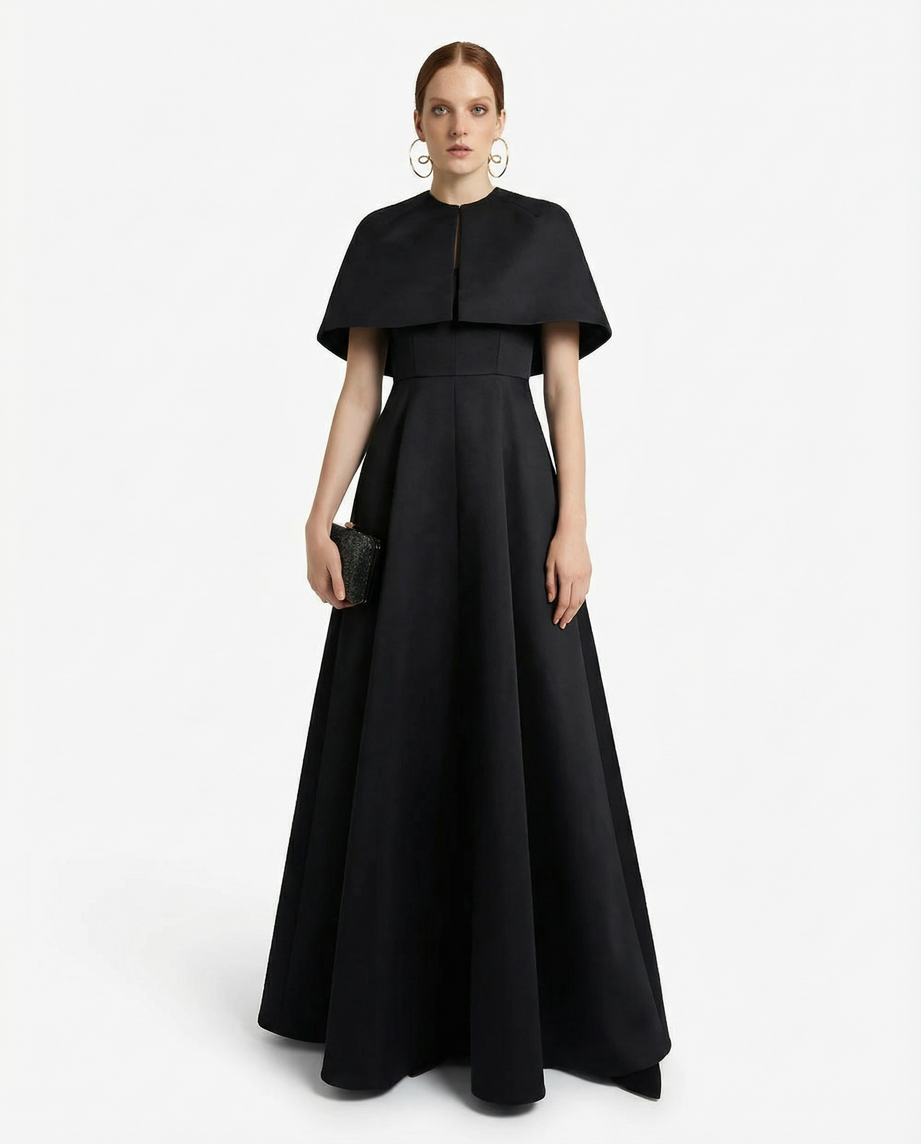 Black Silk Sculptural Cape Evening Dress