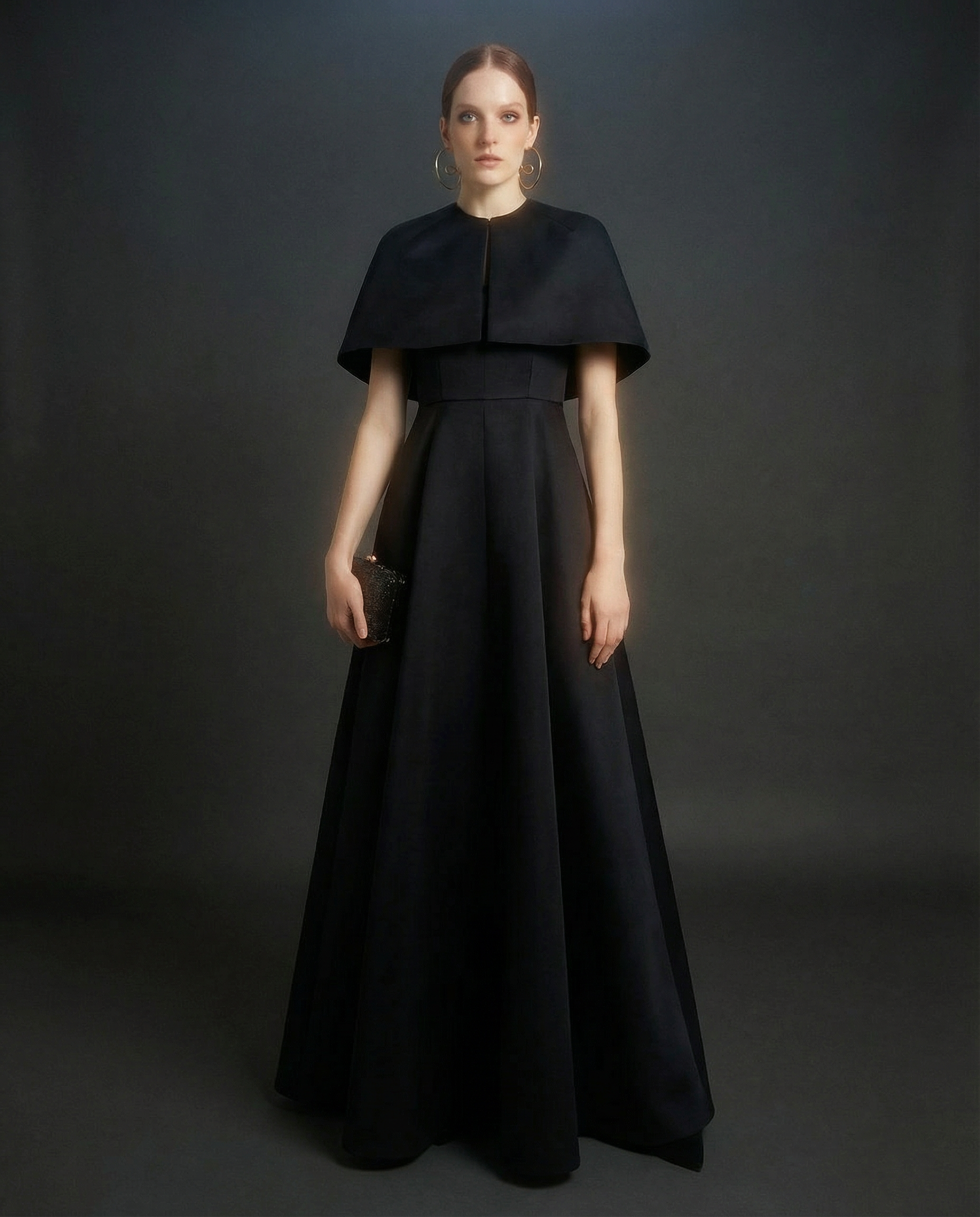 Black Silk Sculptural Cape Evening Dress