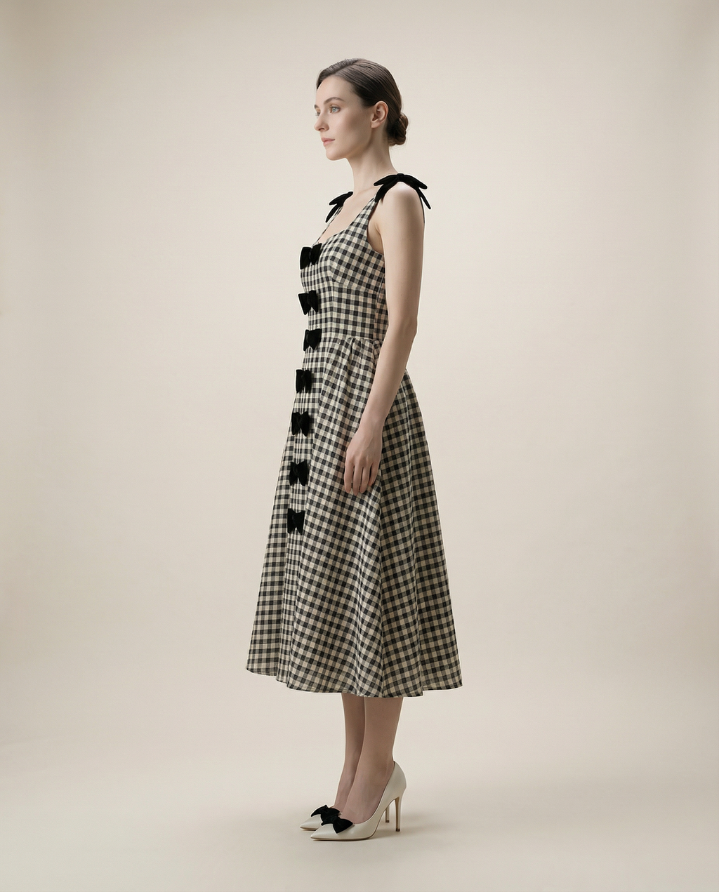 Bow-Detailed Gingham Cotton Midaxi Dress