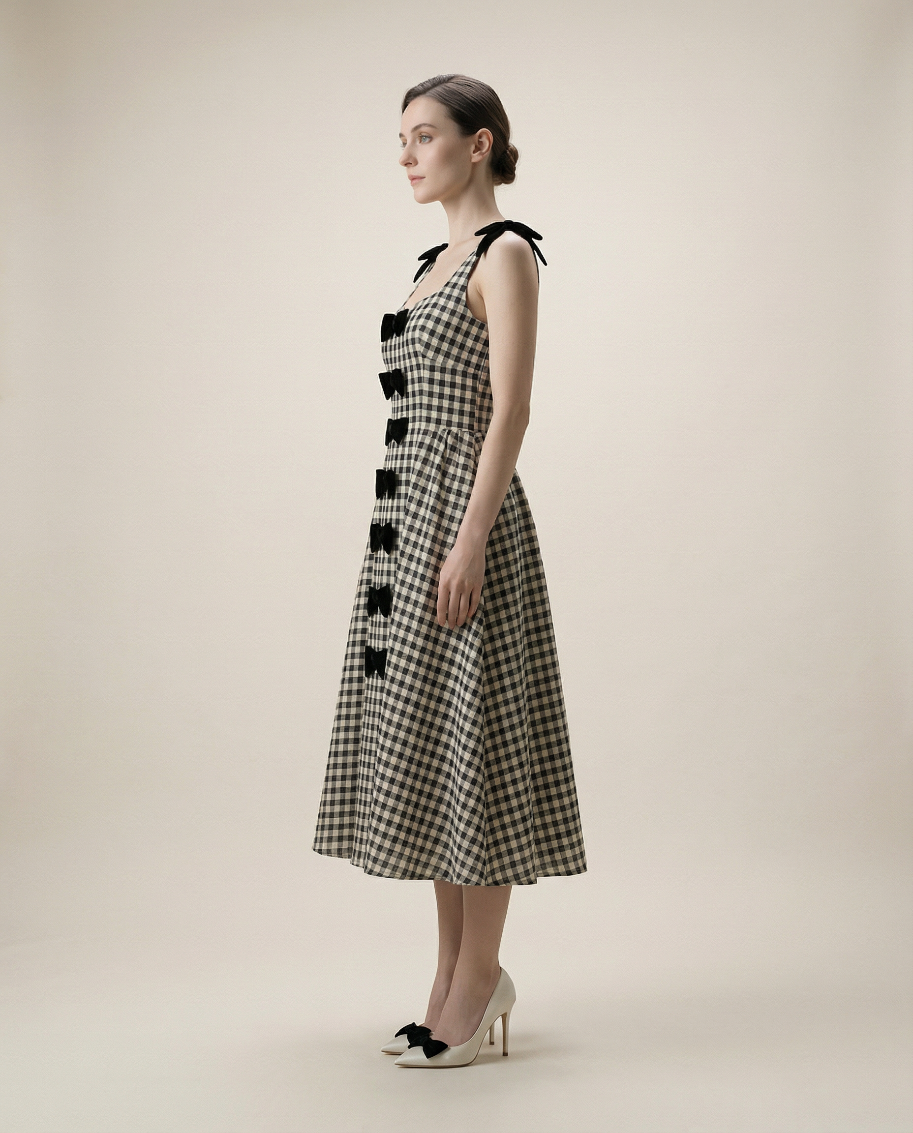 Bow-Detailed Gingham Cotton Midaxi Dress