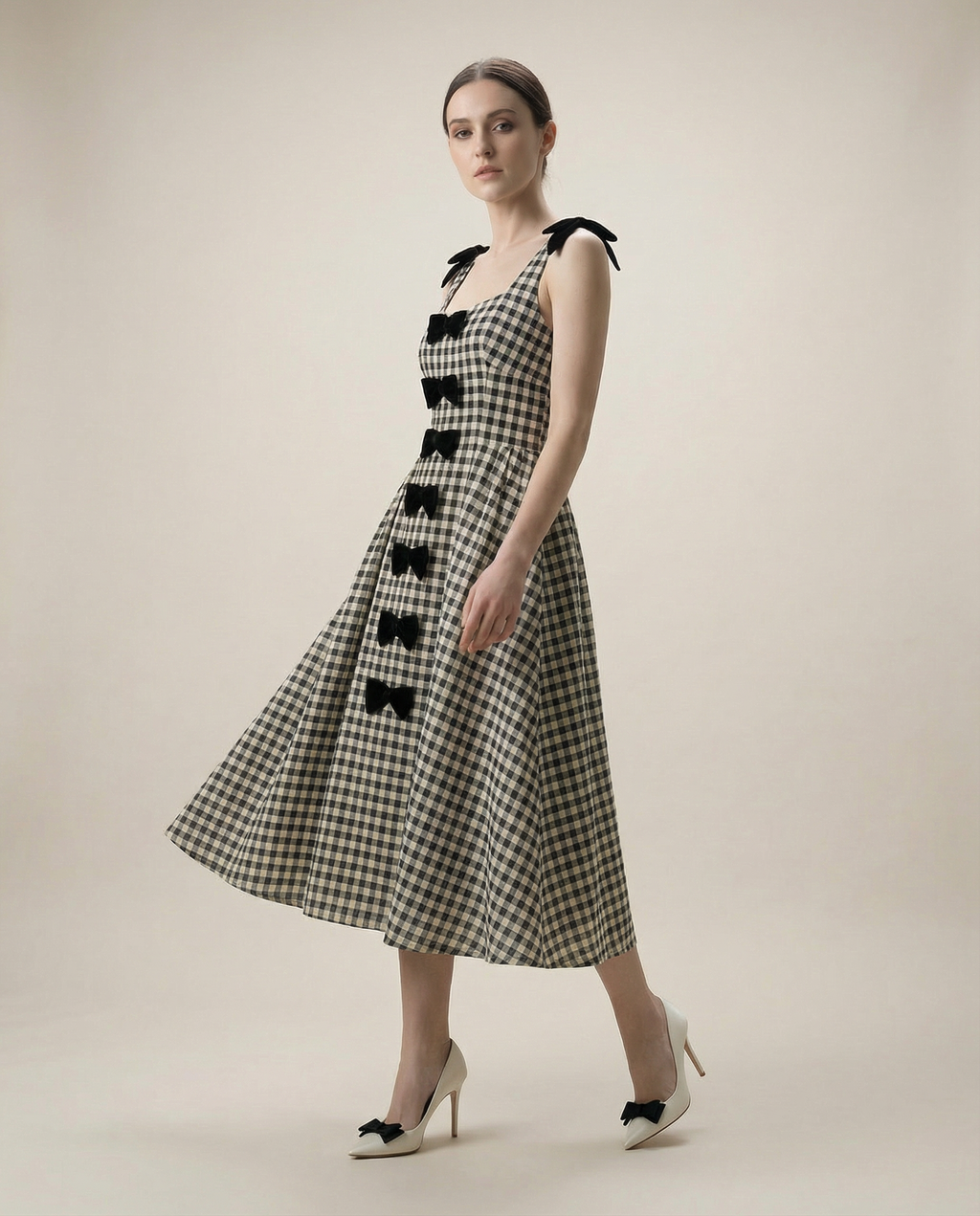Bow-Detailed Gingham Cotton Midaxi Dress