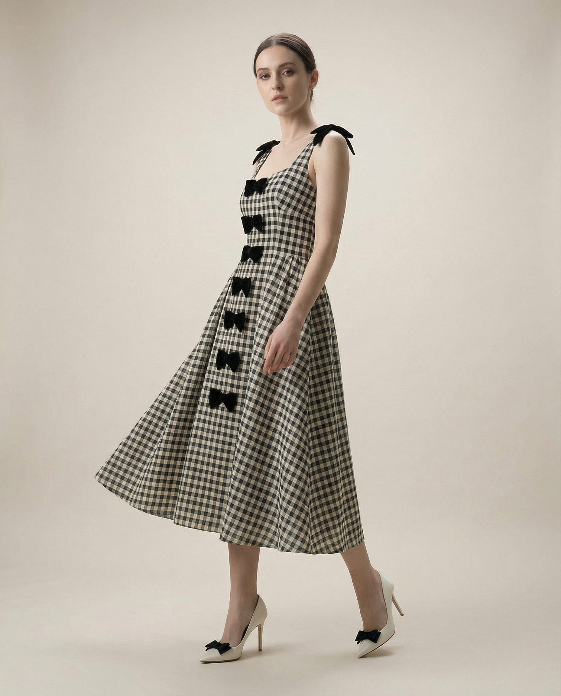 Bow-Detailed Gingham Cotton Midaxi Dress