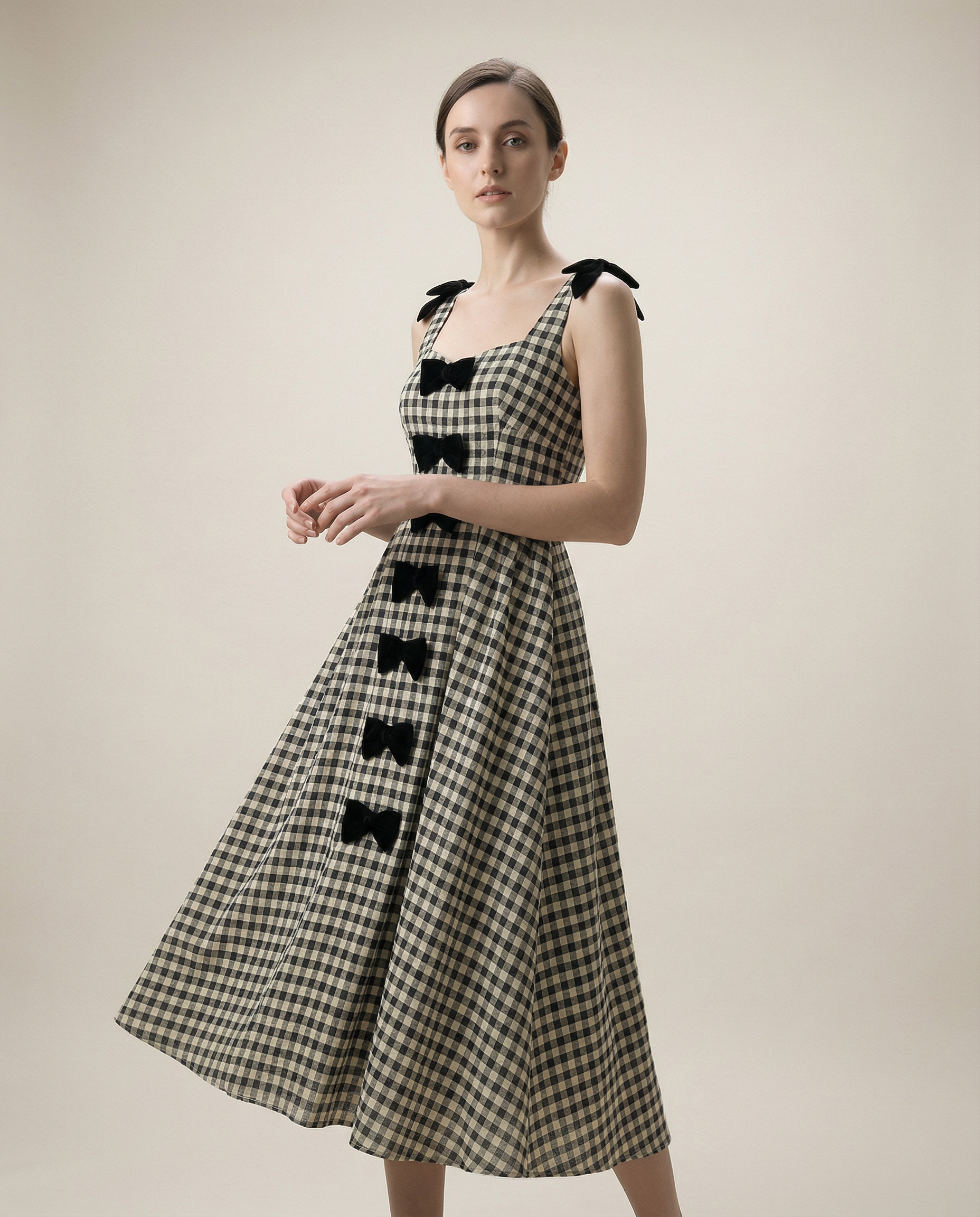 Bow-Detailed Gingham Cotton Midaxi Dress