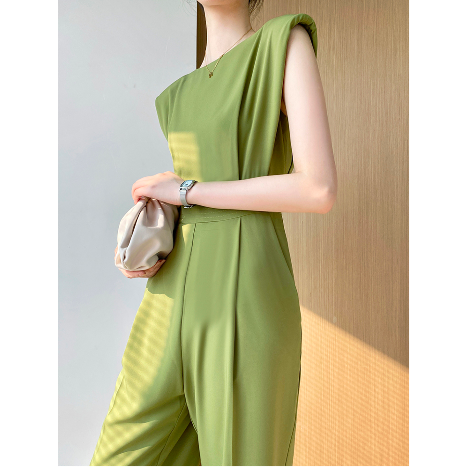 Crew Neck Sleeveless Jumpsuit With Padded Shoulders - Olive Green