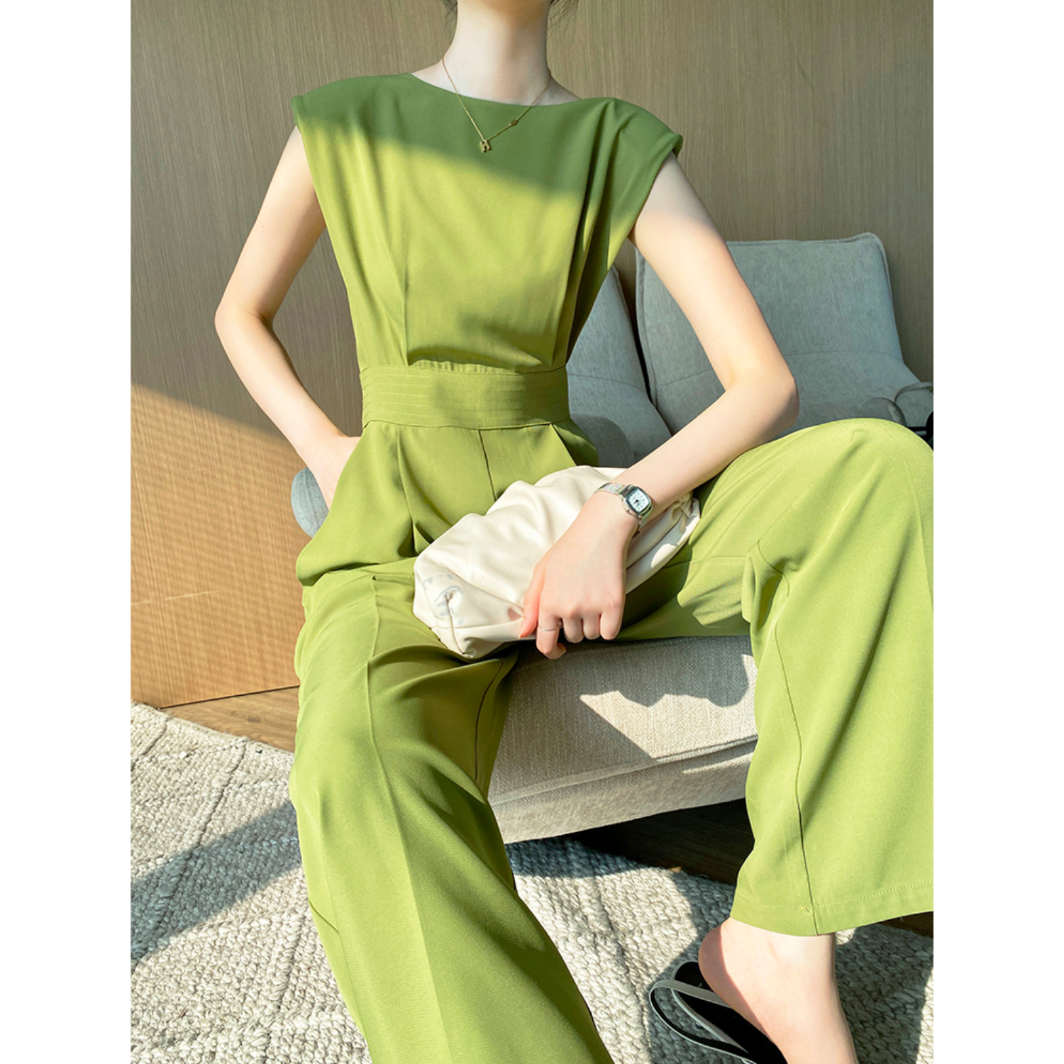 Crew Neck Sleeveless Jumpsuit With Padded Shoulders - Olive Green