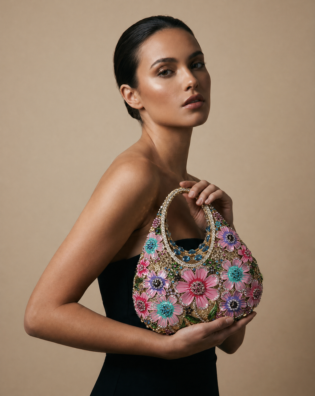 Crystal Floral Evening Handbag - Pink