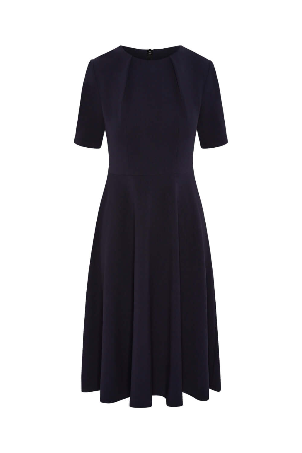 Fit and Flare Dress – Pleated Neckline & Short Sleeves in Ponte Piqué