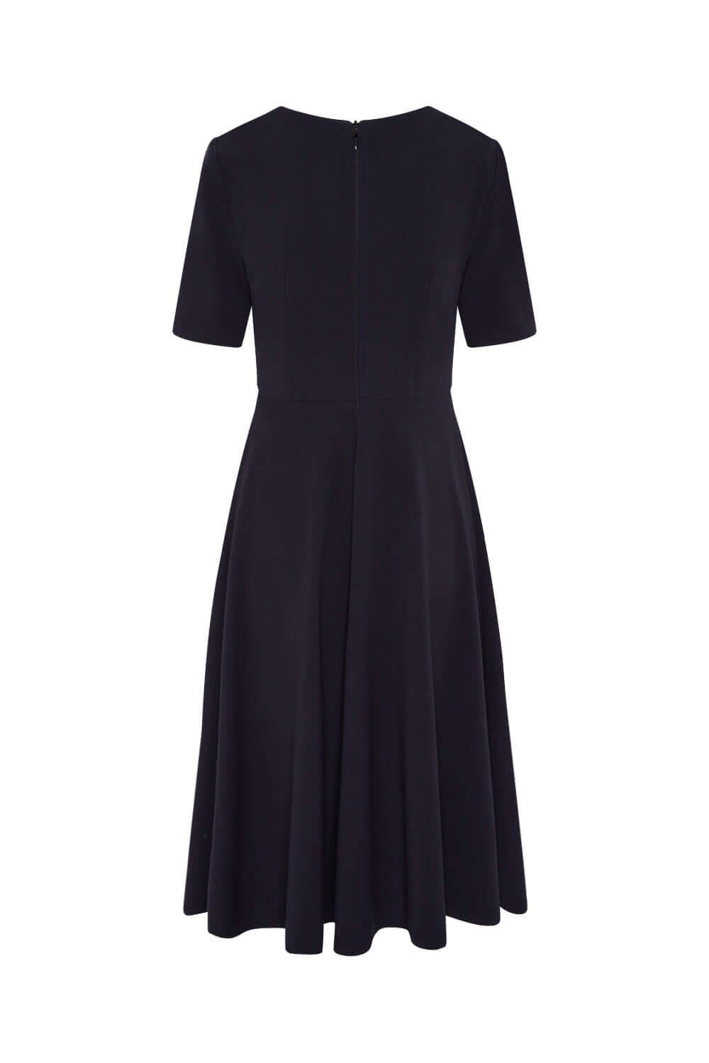 Fit and Flare Dress – Pleated Neckline & Short Sleeves in Ponte Piqué