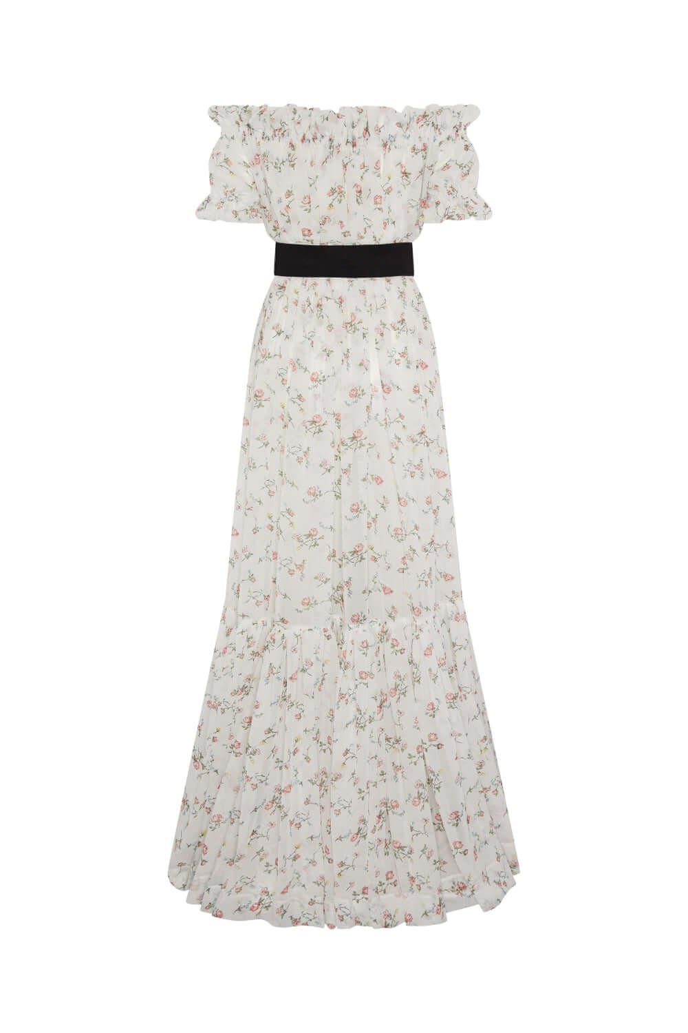 Printed Chiffon Tiered Bardot Dress – Flowy Silhouette with Leather Belt & Bronze Buckle