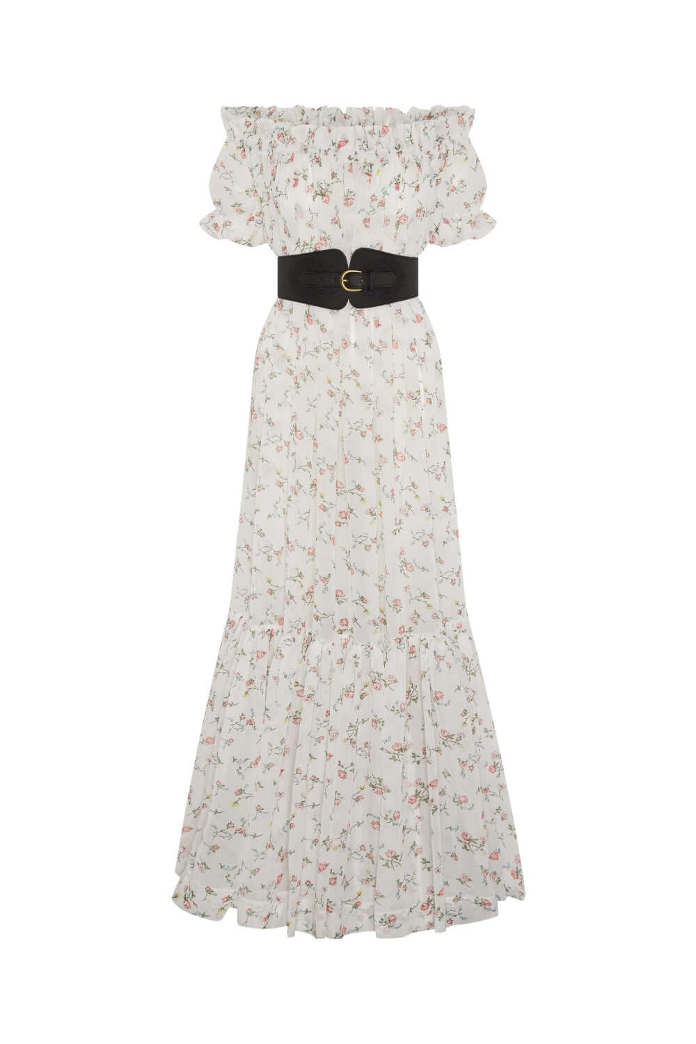 Printed Chiffon Tiered Bardot Dress – Flowy Silhouette with Leather Belt & Bronze Buckle