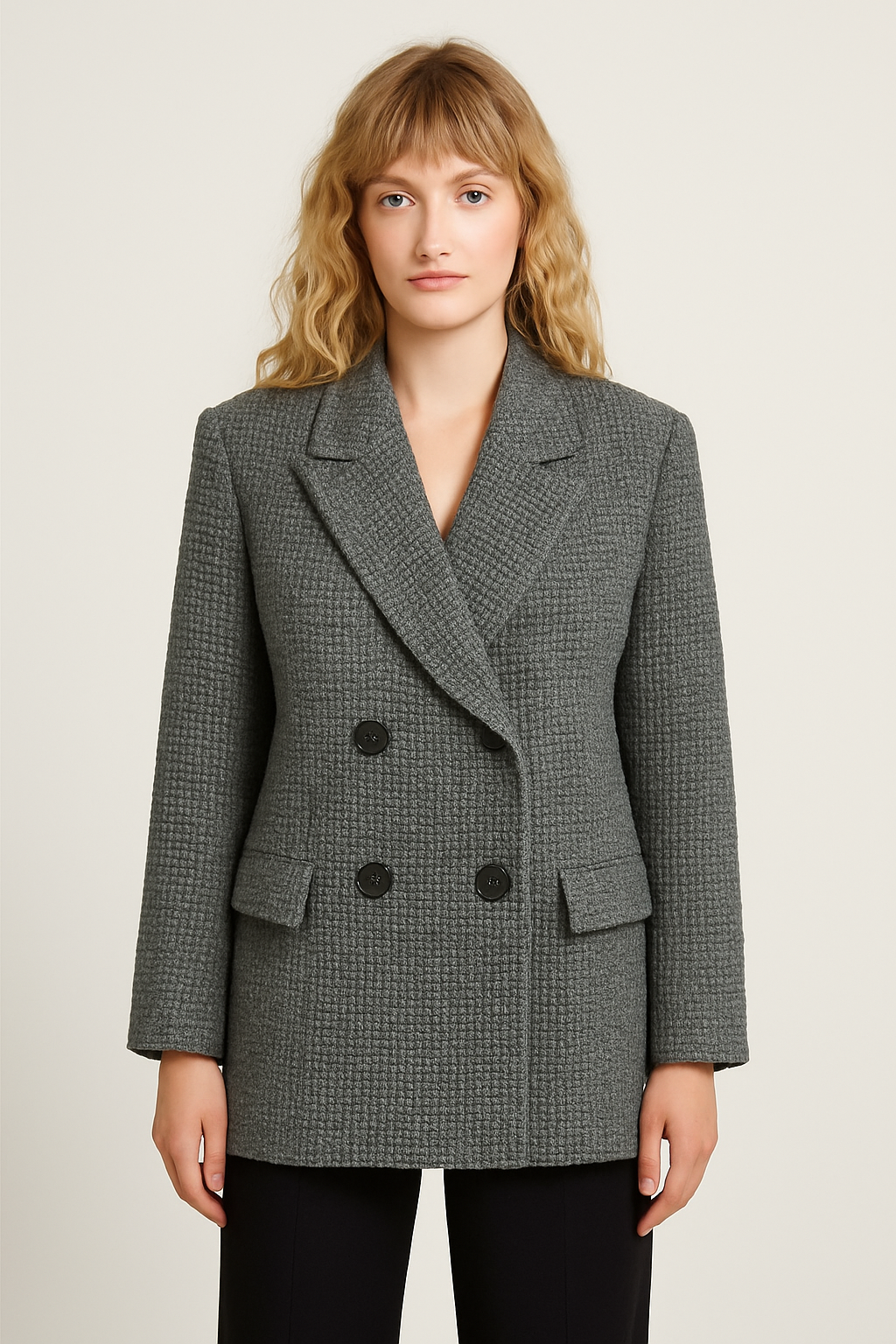 Grey Tweed Longline Blazer – Double-Breasted, Loose Cut with Double Lapel